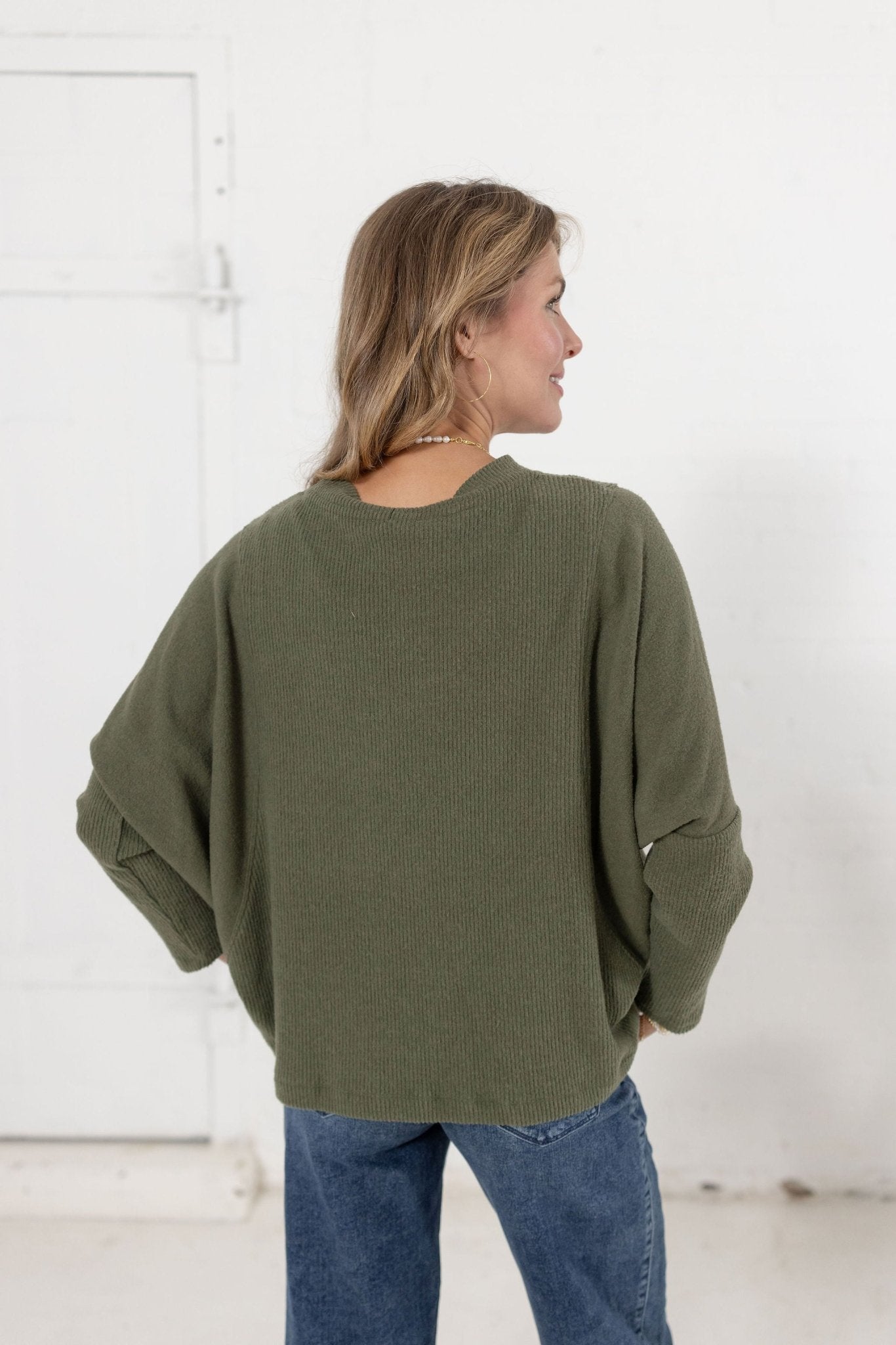 Batwing Mock Neck Mixed Media Rhinestone Top - Mainstream Boutique