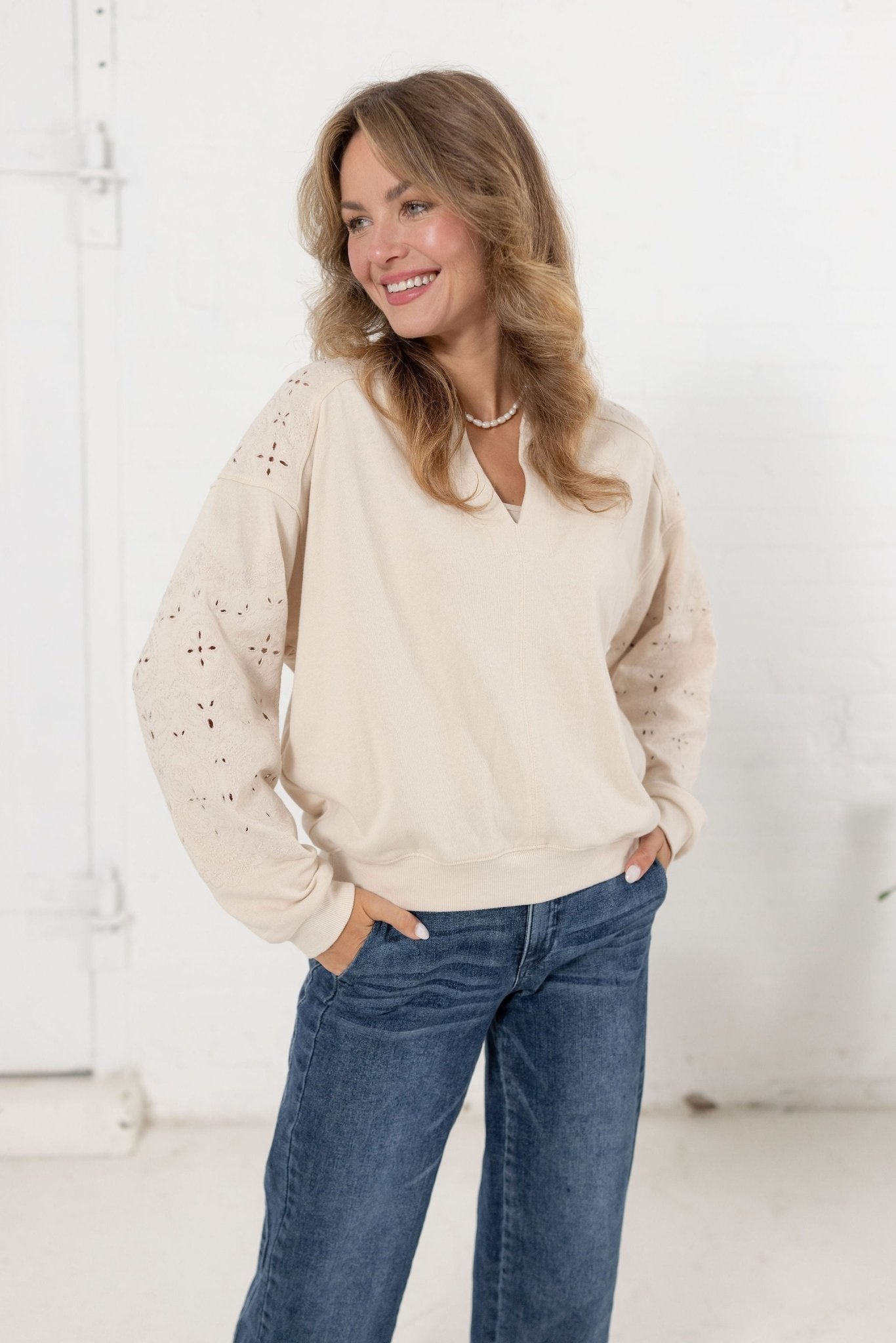 V Neck Die Cut Embroidered Sweatshirt - Mainstream Boutique