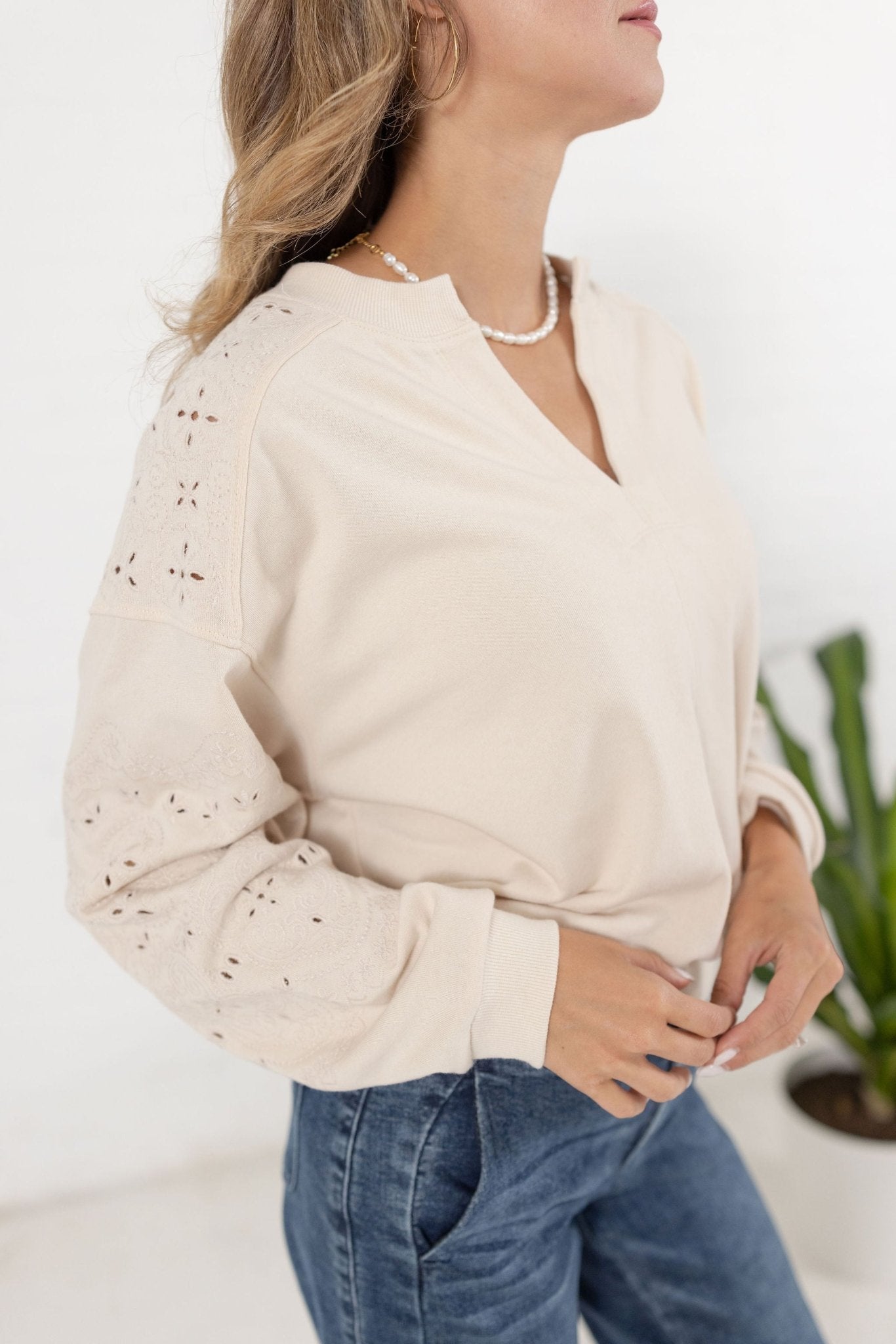 V Neck Die Cut Embroidered Sweatshirt - Mainstream Boutique