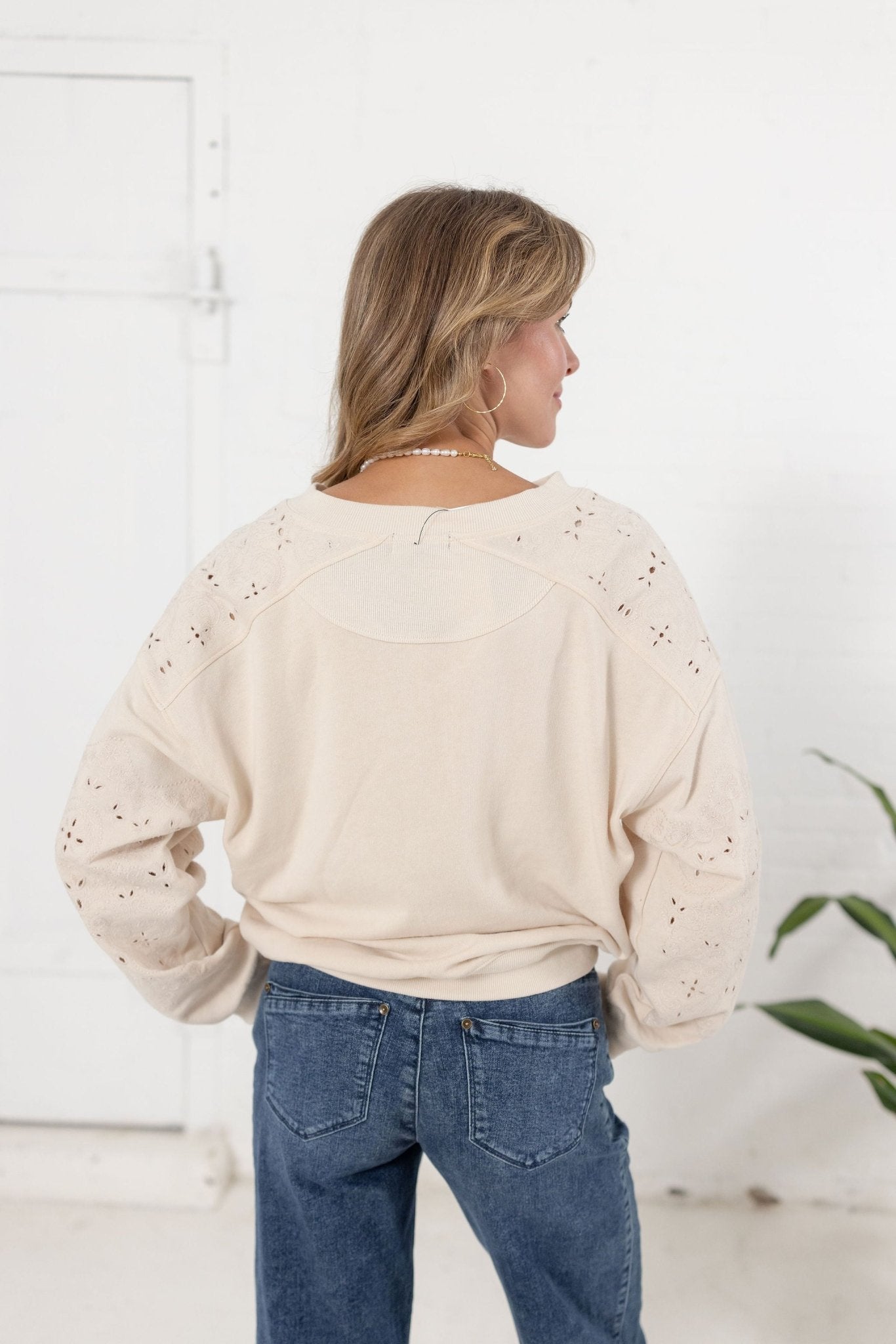 V Neck Die Cut Embroidered Sweatshirt - Mainstream Boutique