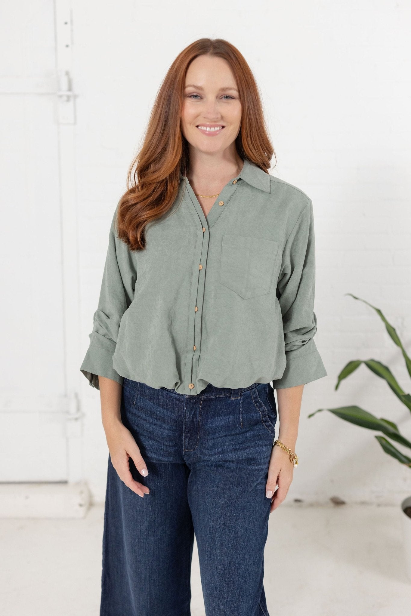Tucked Sleeve Bubble Hem Top With Button Front - Mainstream Boutique