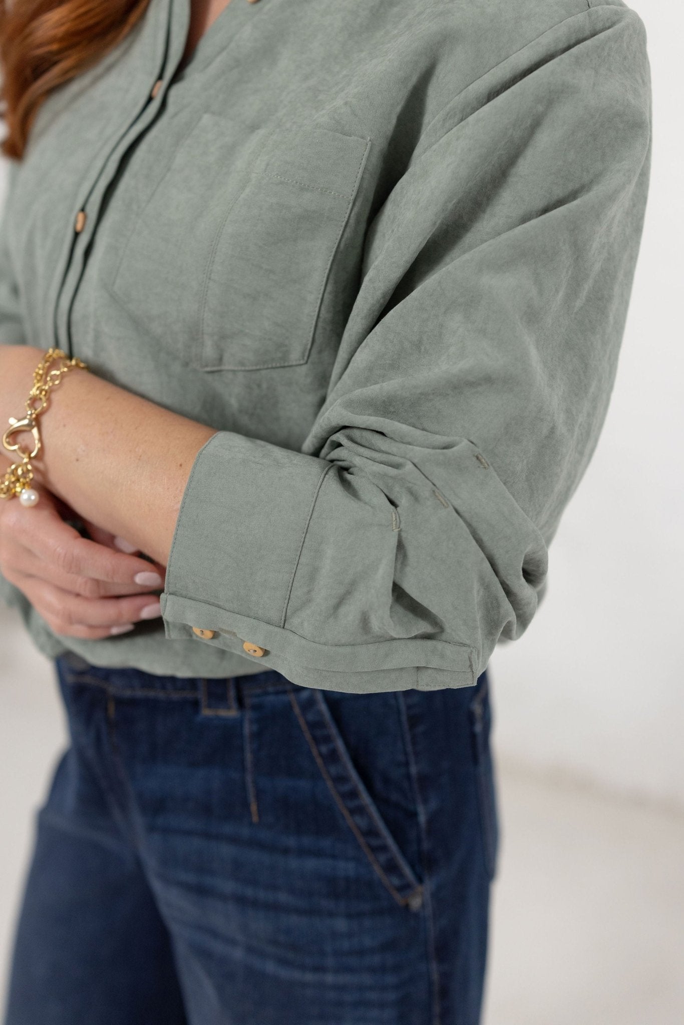 Tucked Sleeve Bubble Hem Top With Button Front - Mainstream Boutique