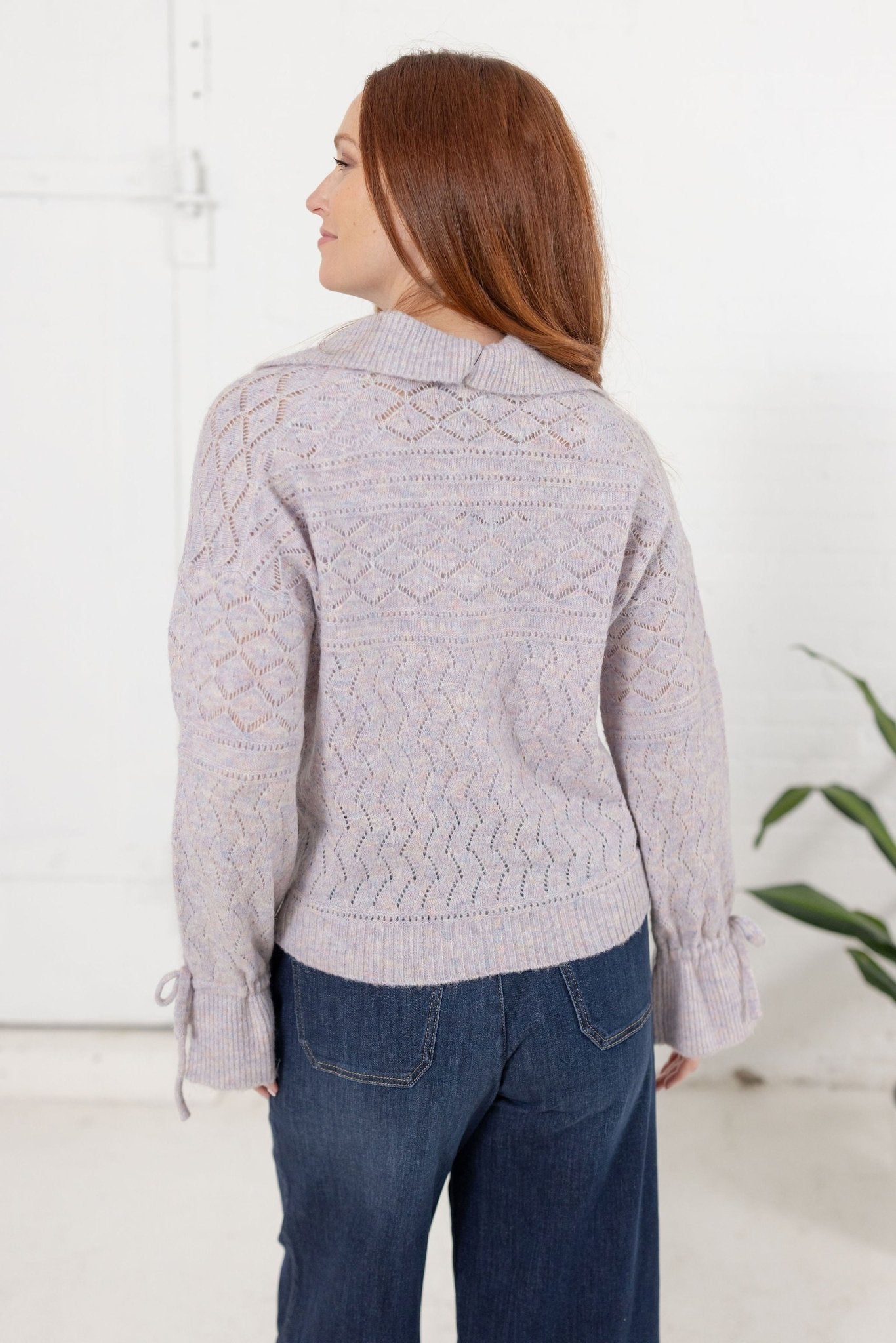 V Neck Pointelle Sweater With Bow Detail On Sleeve - Mainstream Boutique