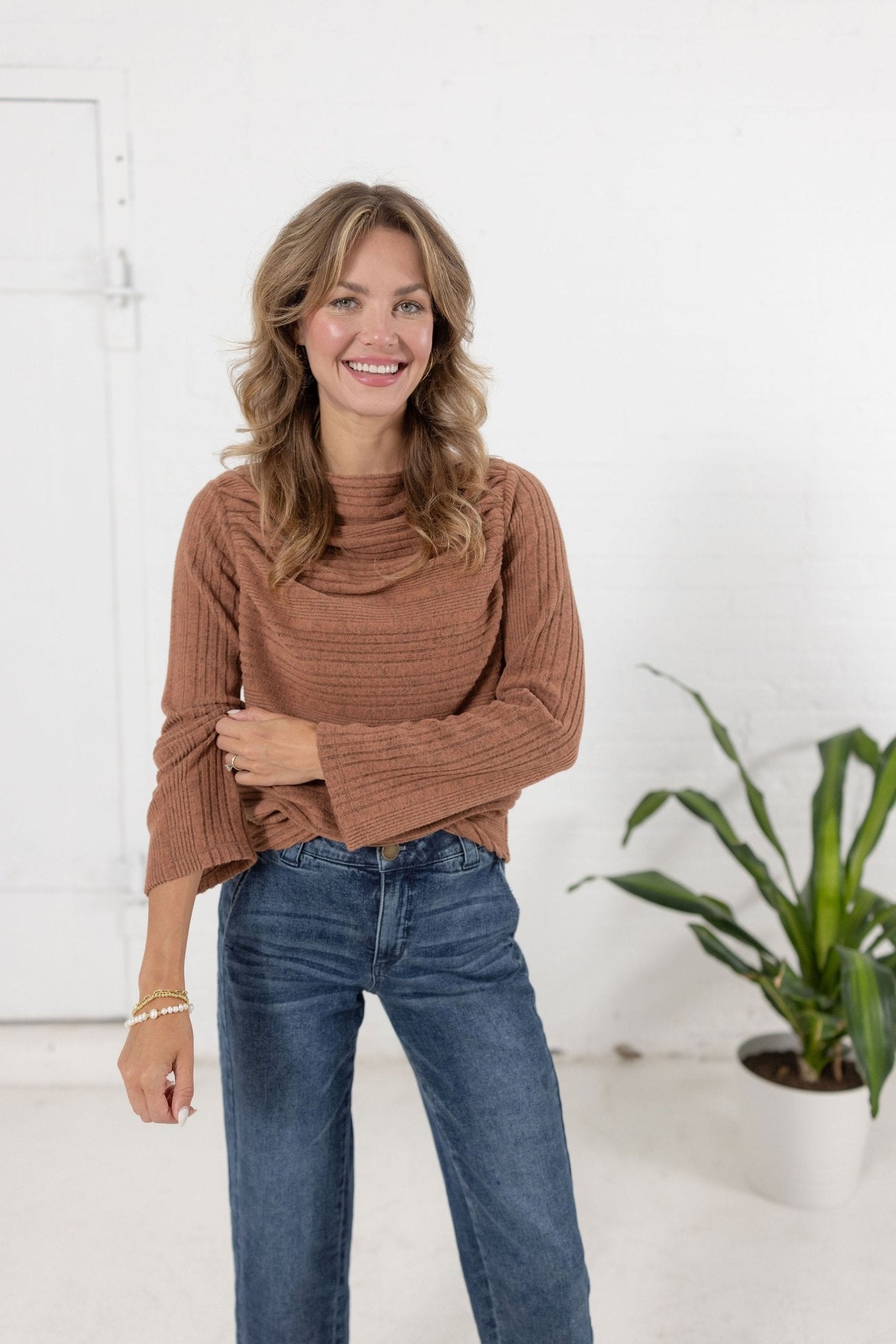 Long Sleeve Drapped Boat Neck Top - Mainstream Boutique