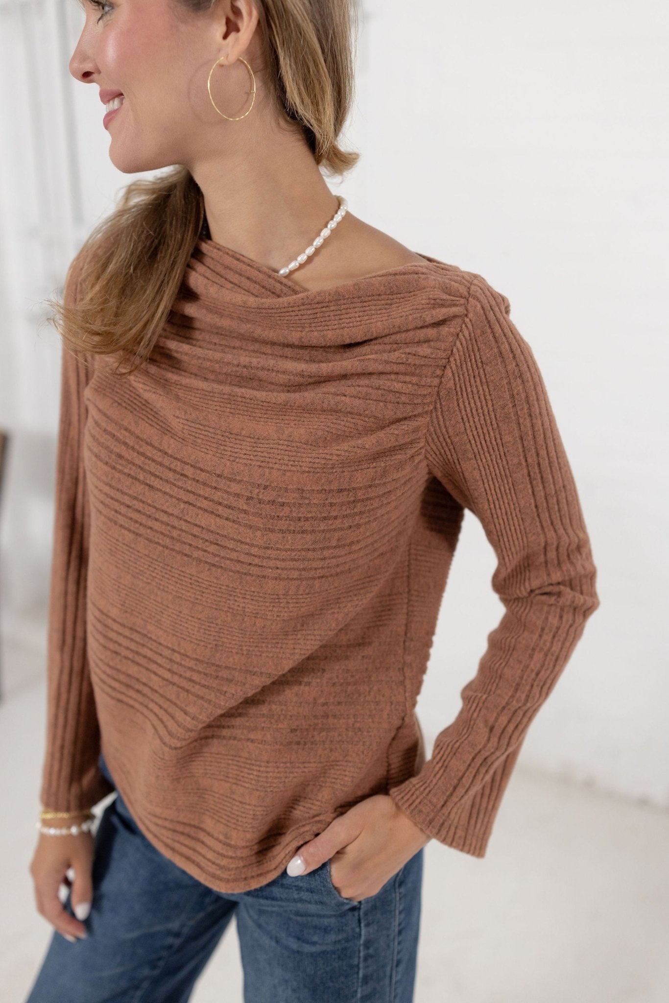 Long Sleeve Drapped Boat Neck Top - Mainstream Boutique