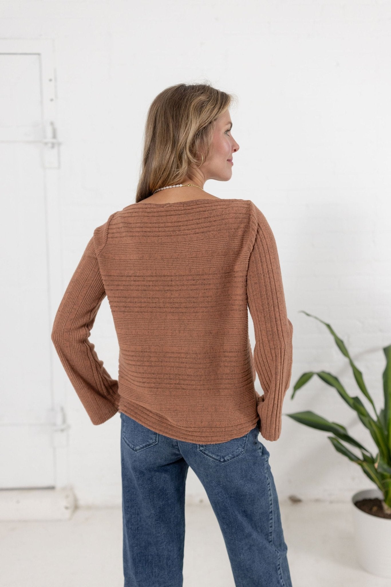 Long Sleeve Drapped Boat Neck Top - Mainstream Boutique