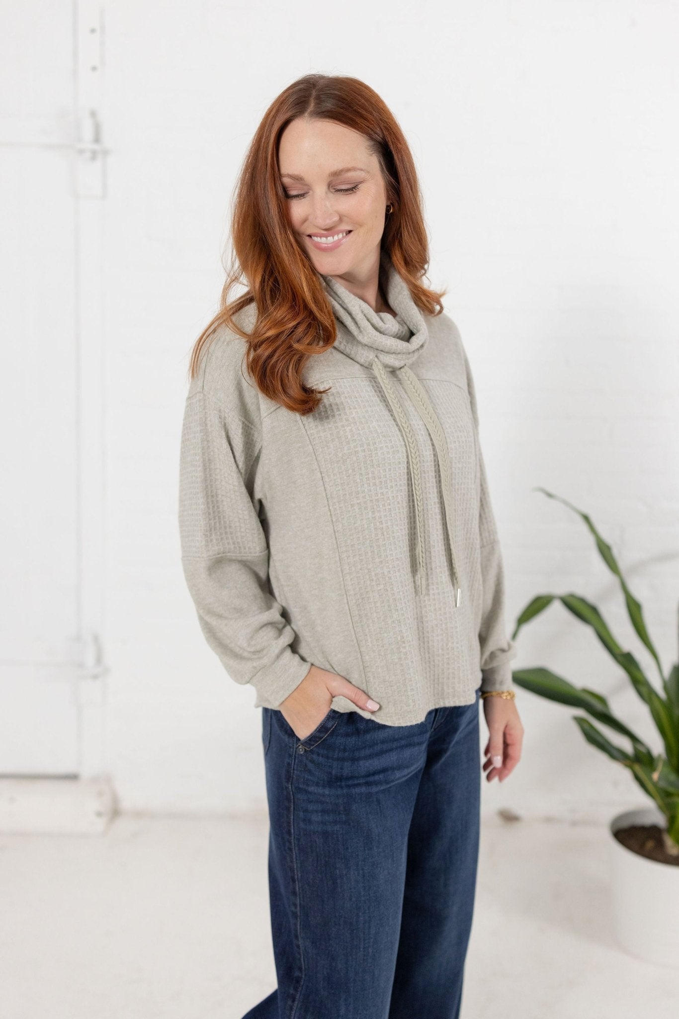 Cowl Neck Mixed Media Long Sleeve Top - Mainstream Boutique