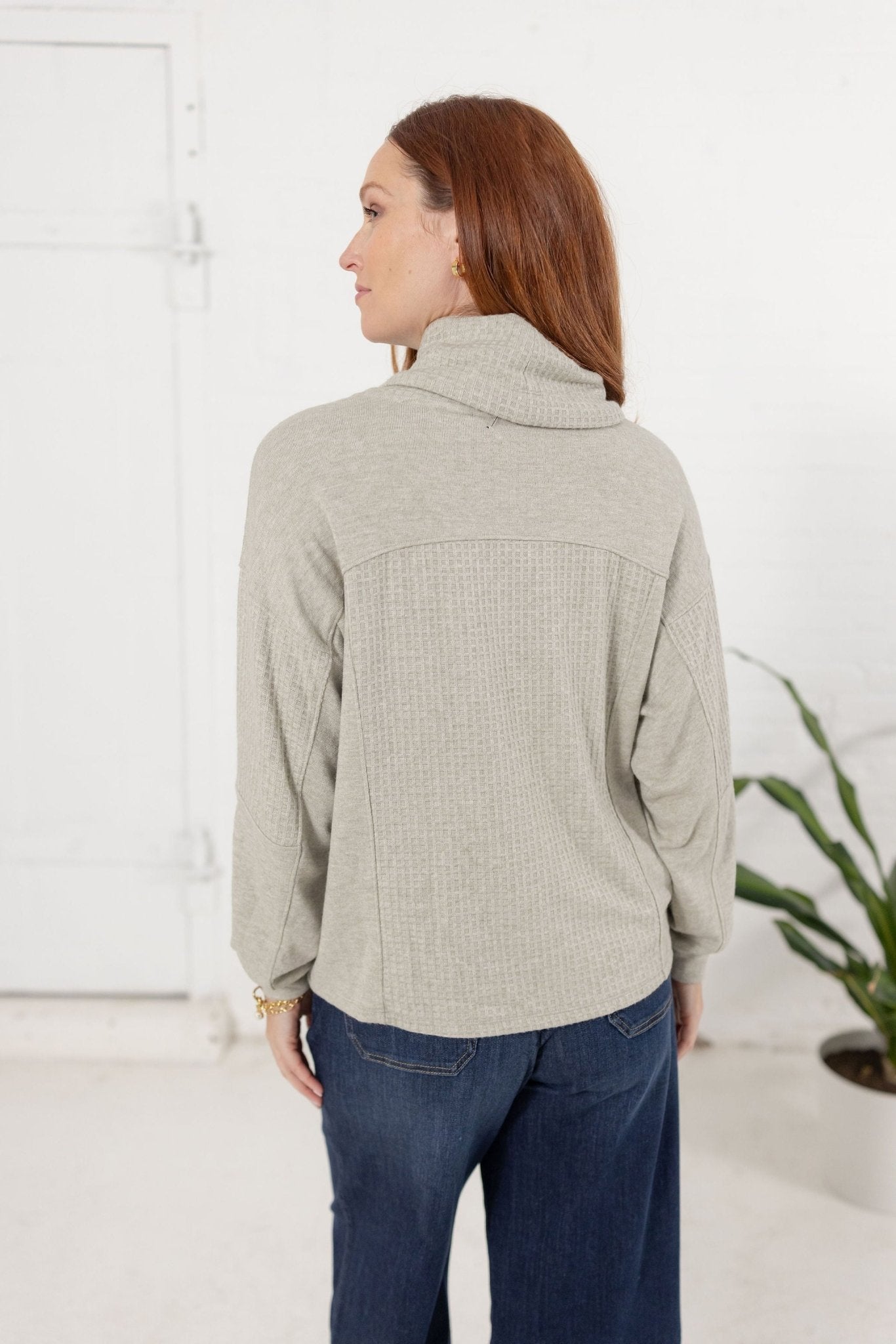 Cowl Neck Mixed Media Long Sleeve Top - Mainstream Boutique