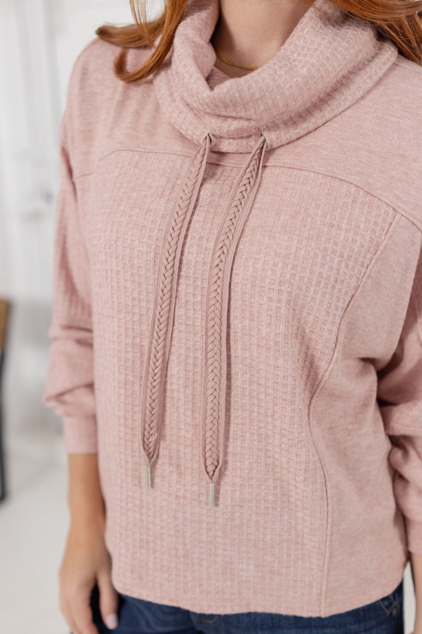 Cowl Neck Mixed Media Long Sleeve Top - Mainstream Boutique