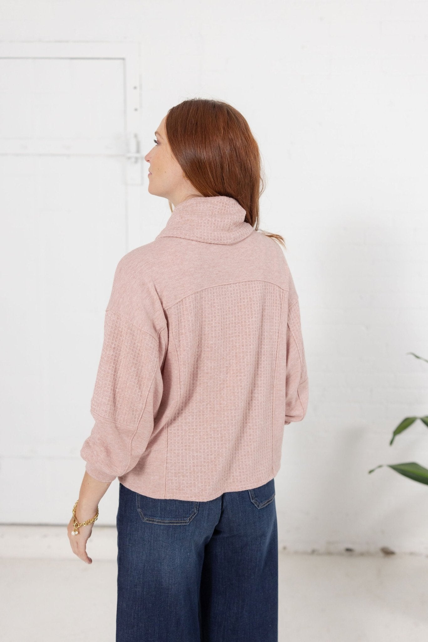 Cowl Neck Mixed Media Long Sleeve Top - Mainstream Boutique