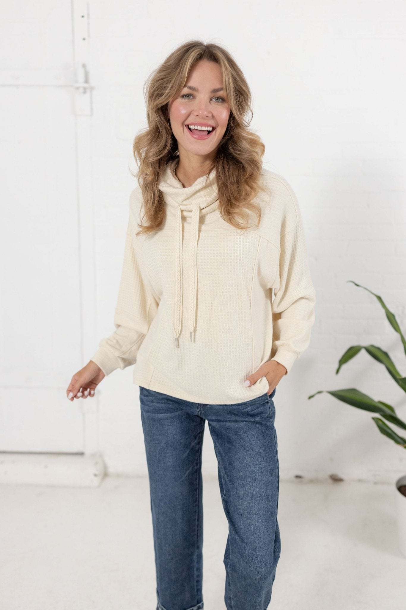 Cowl Neck Mixed Media Long Sleeve Top - Mainstream Boutique