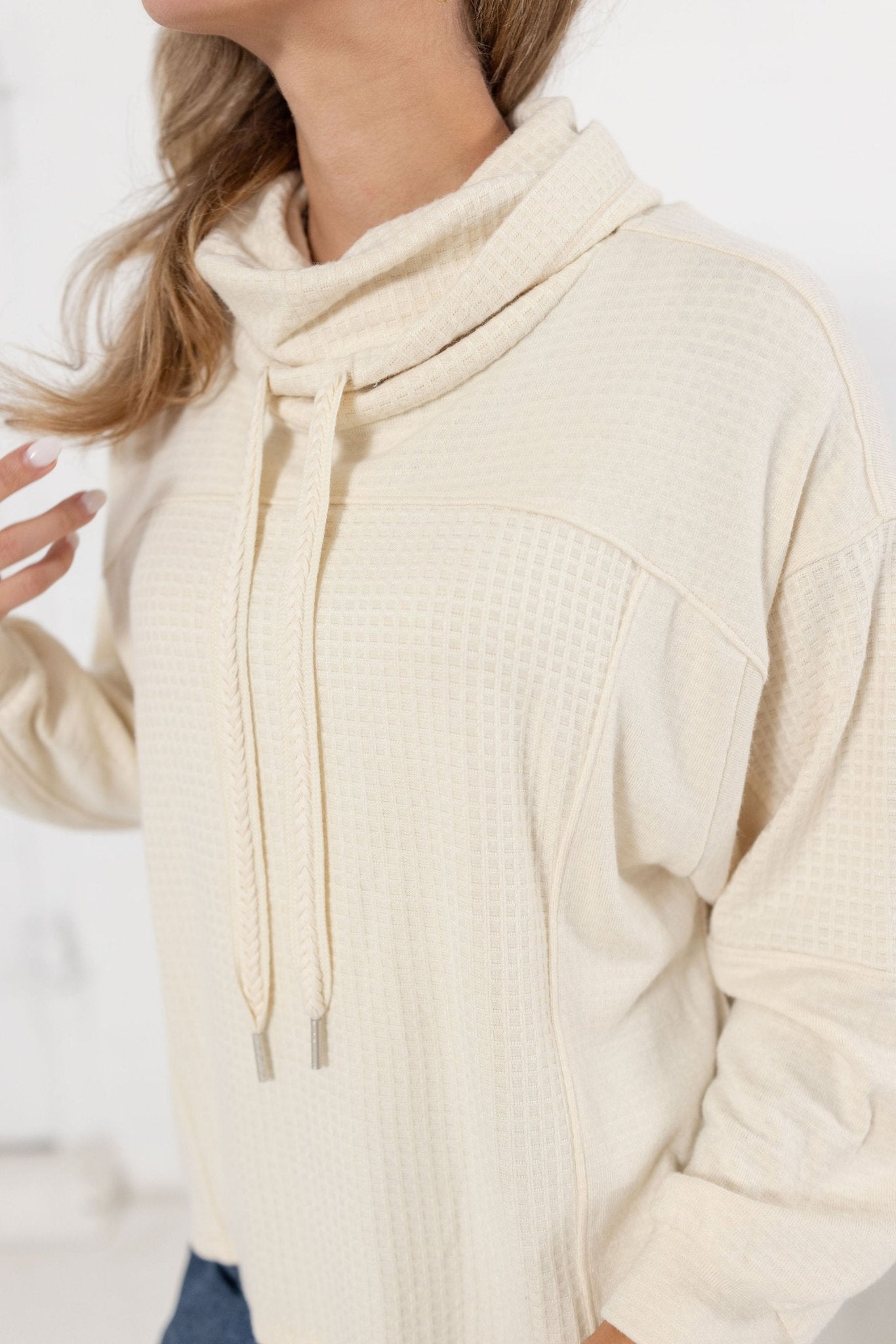 Cowl Neck Mixed Media Long Sleeve Top - Mainstream Boutique