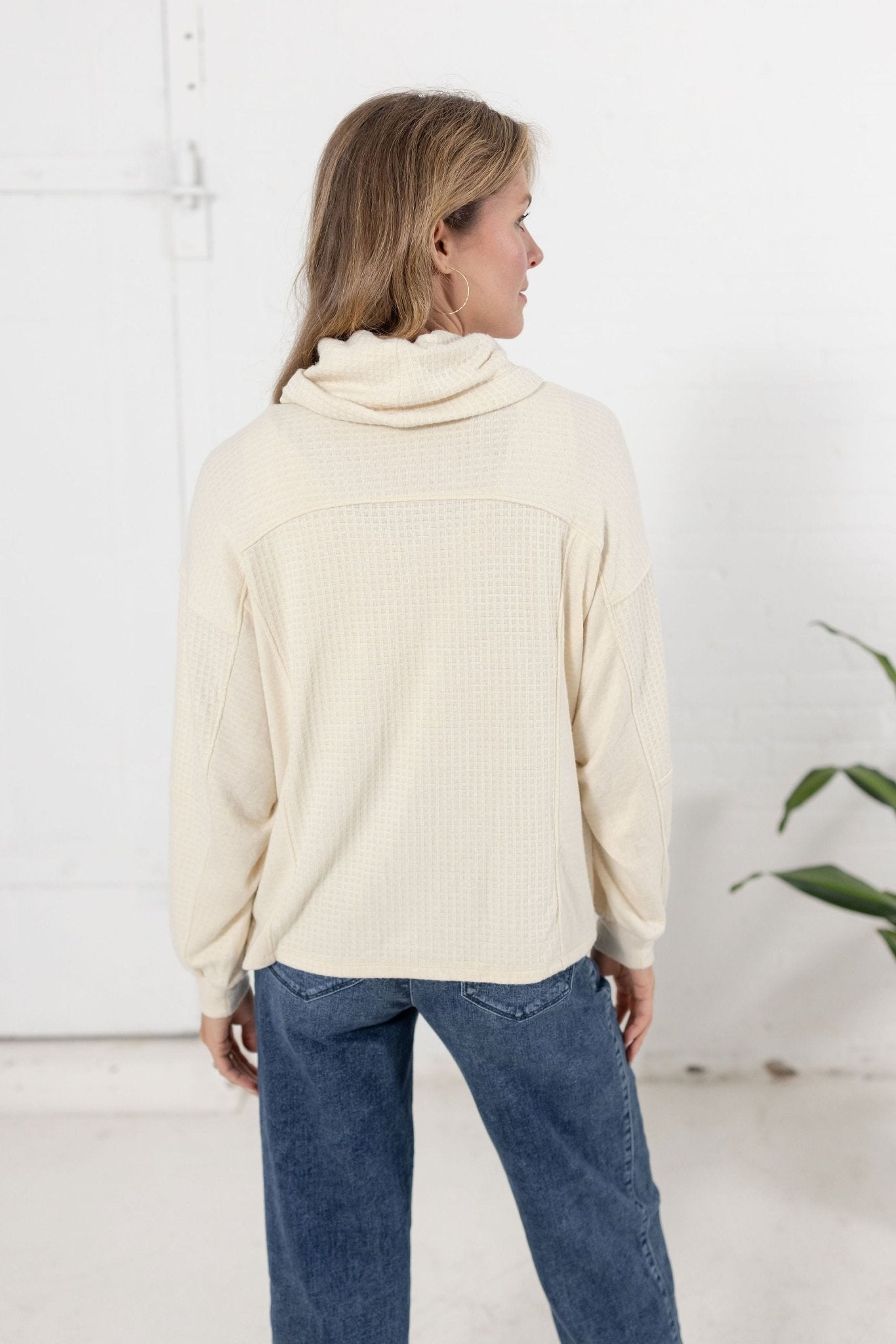 Cowl Neck Mixed Media Long Sleeve Top - Mainstream Boutique