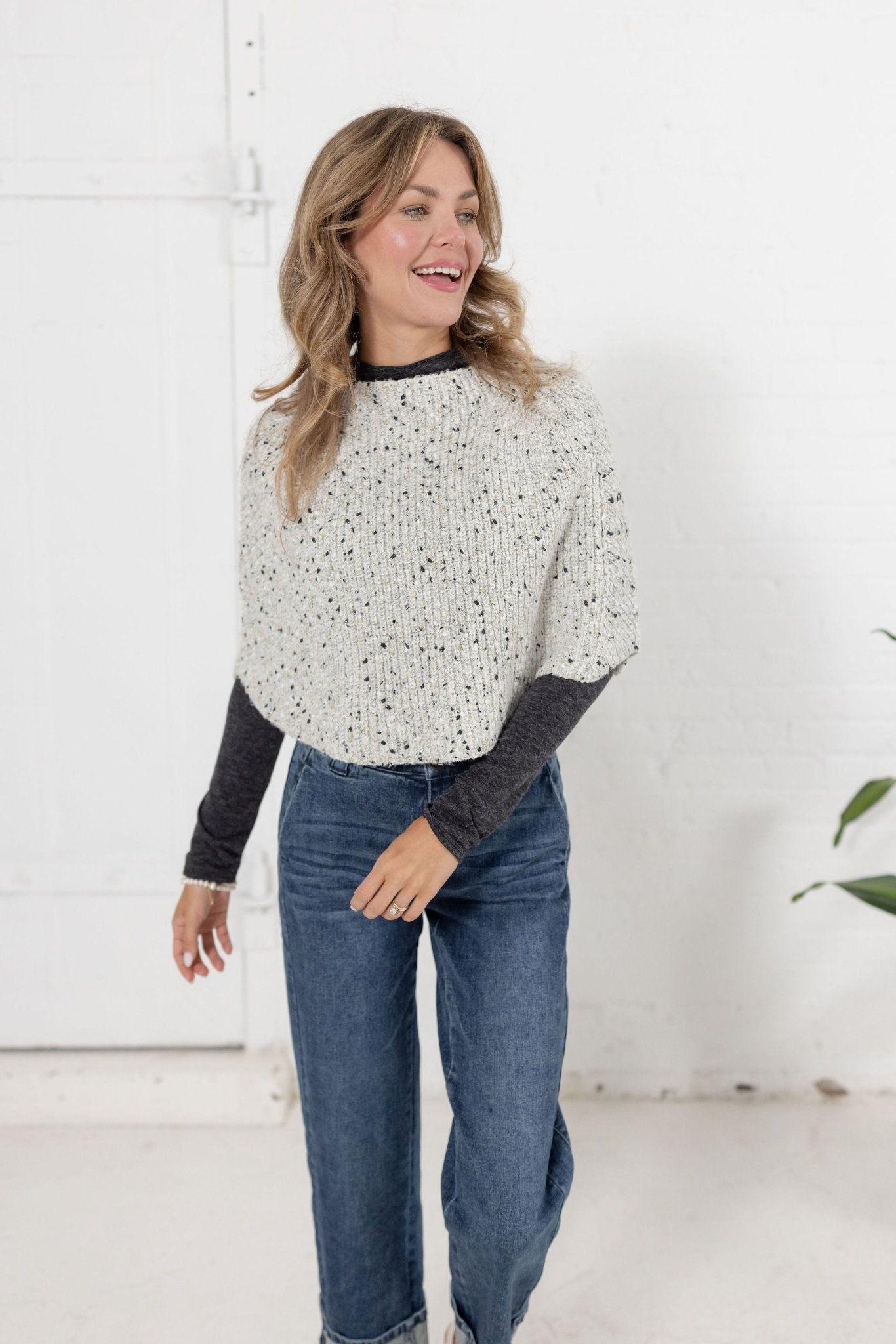 Mock Neck Speckled Yarn Sweater Cape - Mainstream Boutique