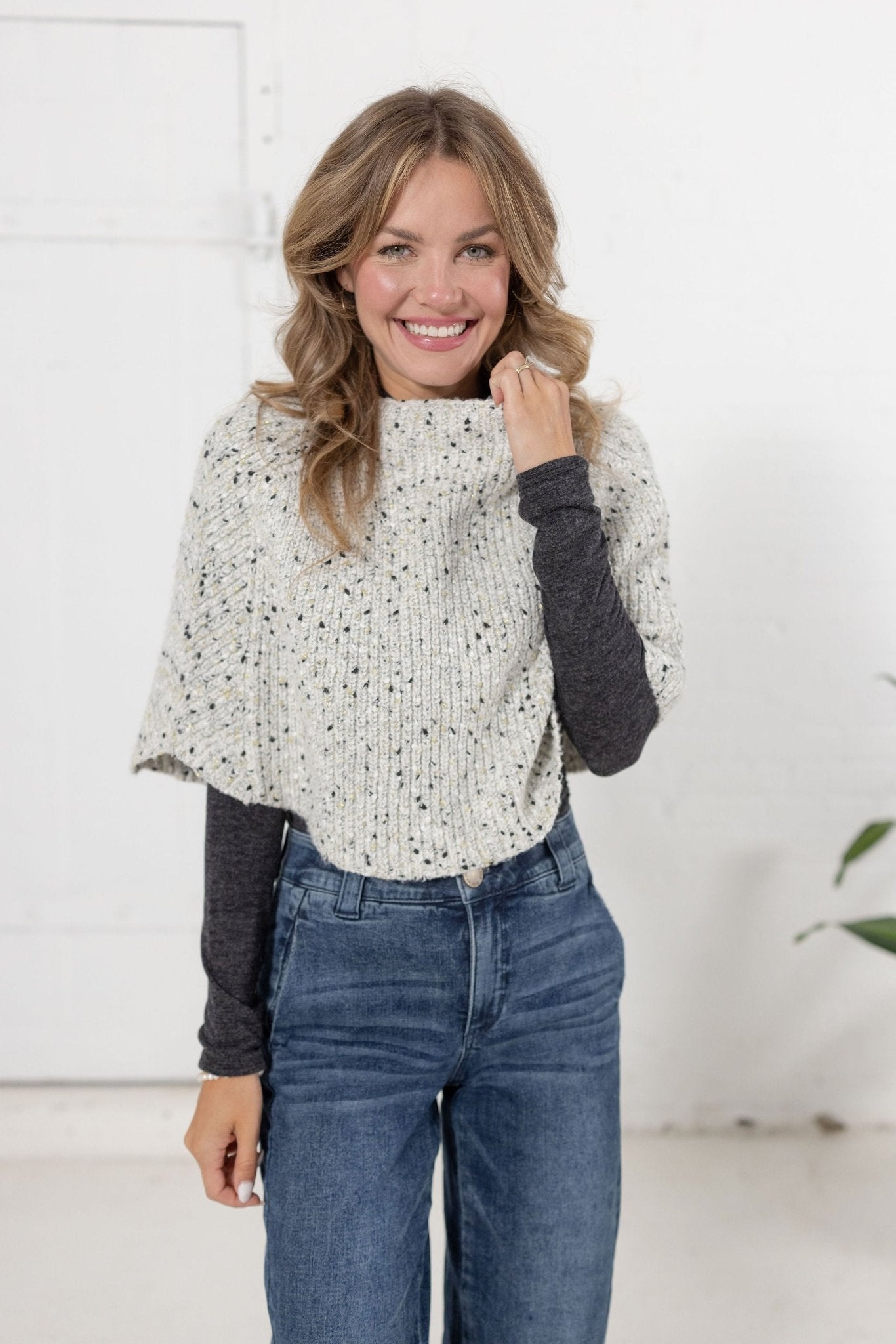 Mock Neck Speckled Yarn Sweater Cape - Mainstream Boutique