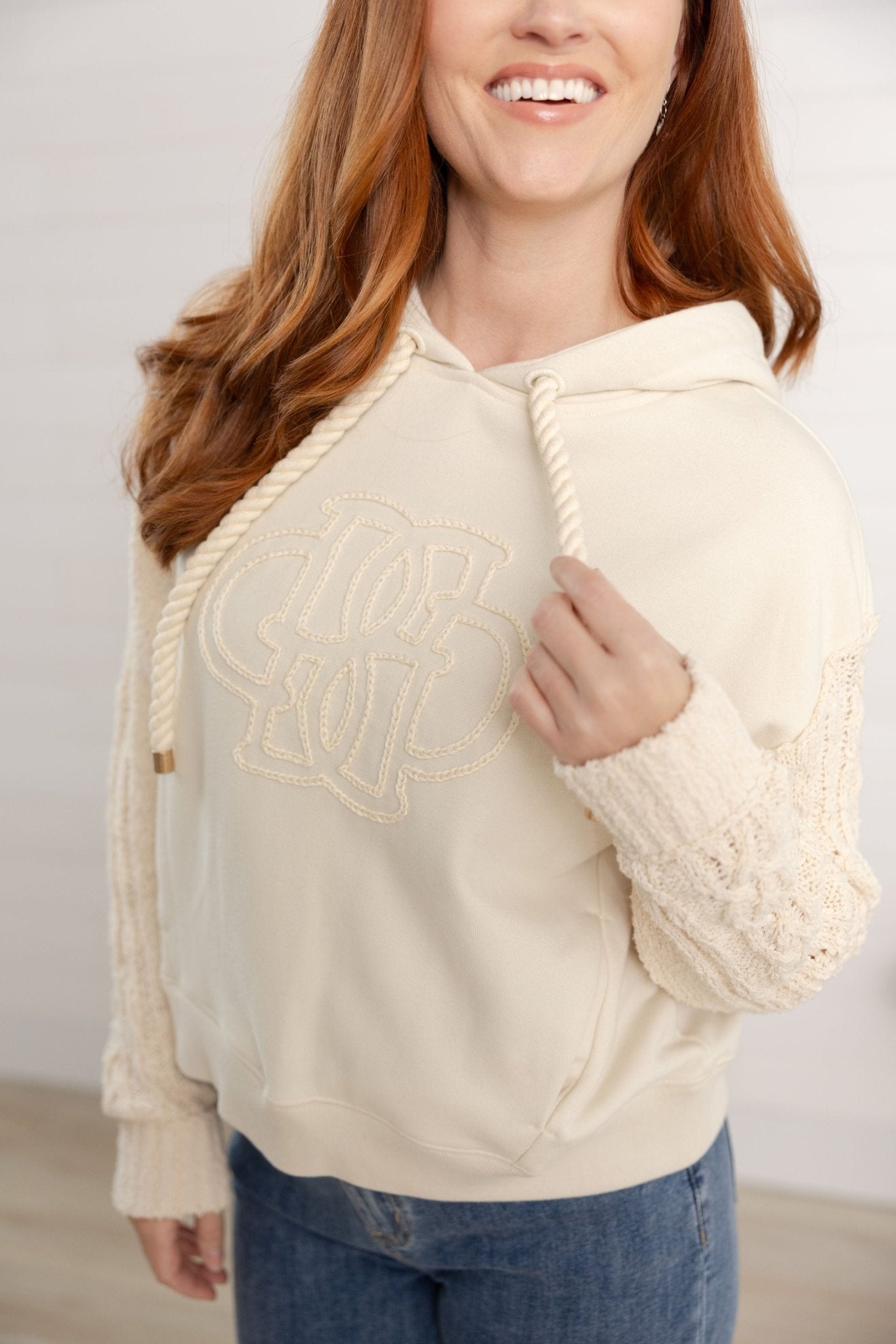 Mix Media Hoodie W/ Embroidered Design - Mainstream Boutique