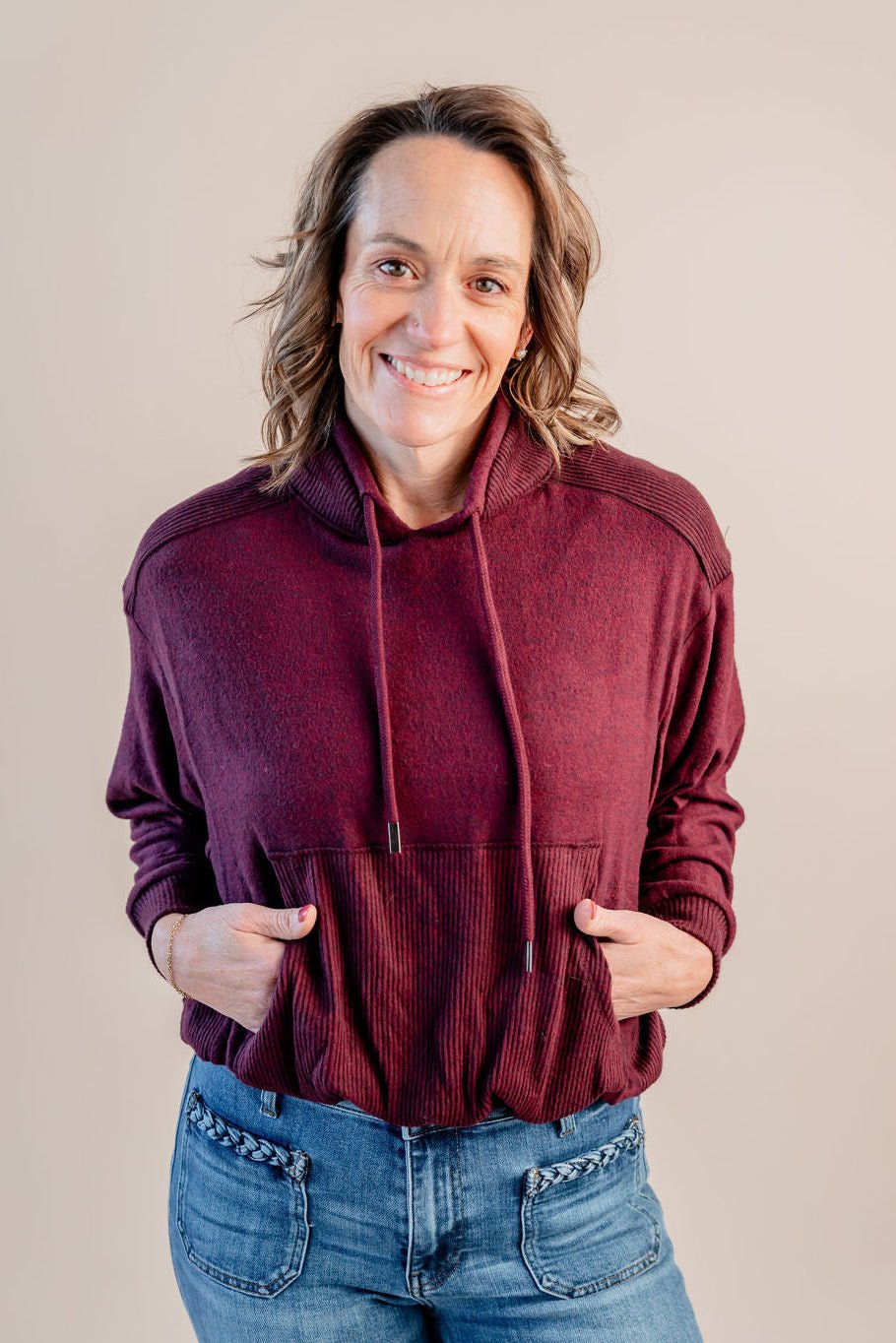 Bubble Hem Knit Top W/ Kangaroo Pocket - Mainstream Boutique