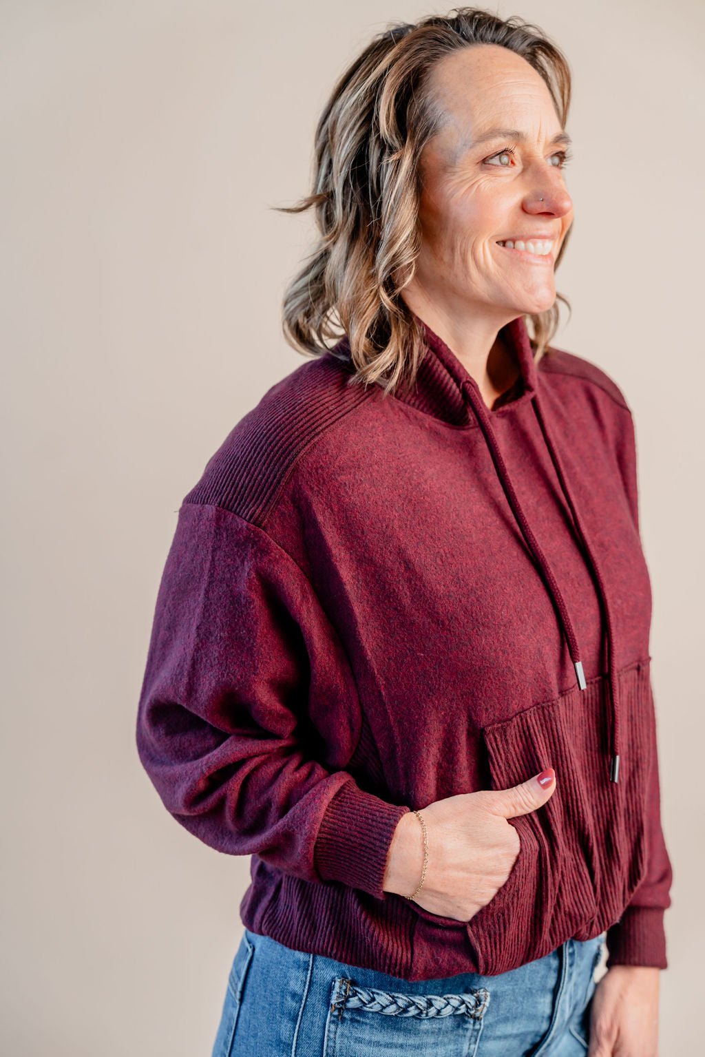 Bubble Hem Knit Top W/ Kangaroo Pocket - Mainstream Boutique