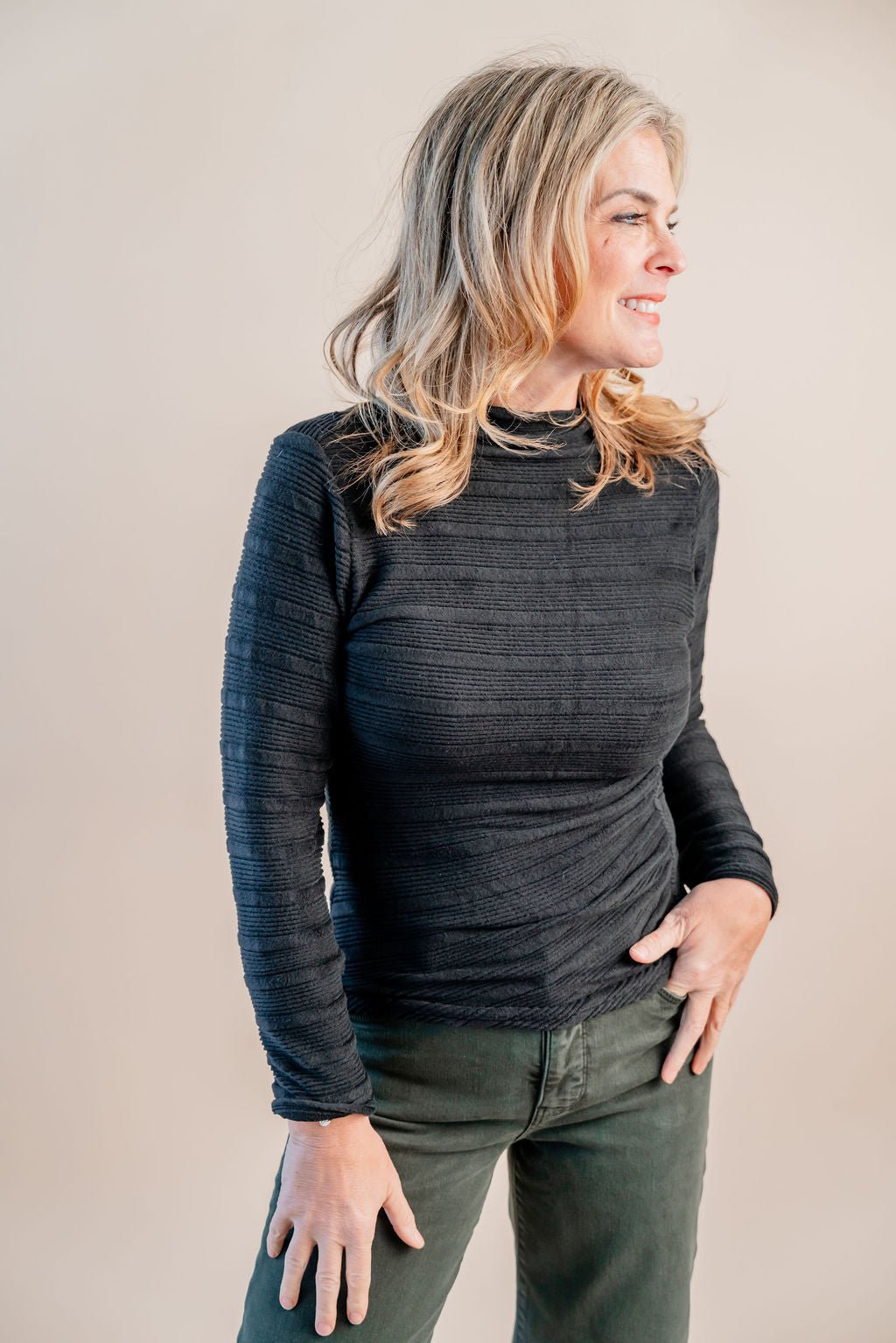 Mock Neck Asymmetrical Side Rouching Knit Top - Mainstream Boutique