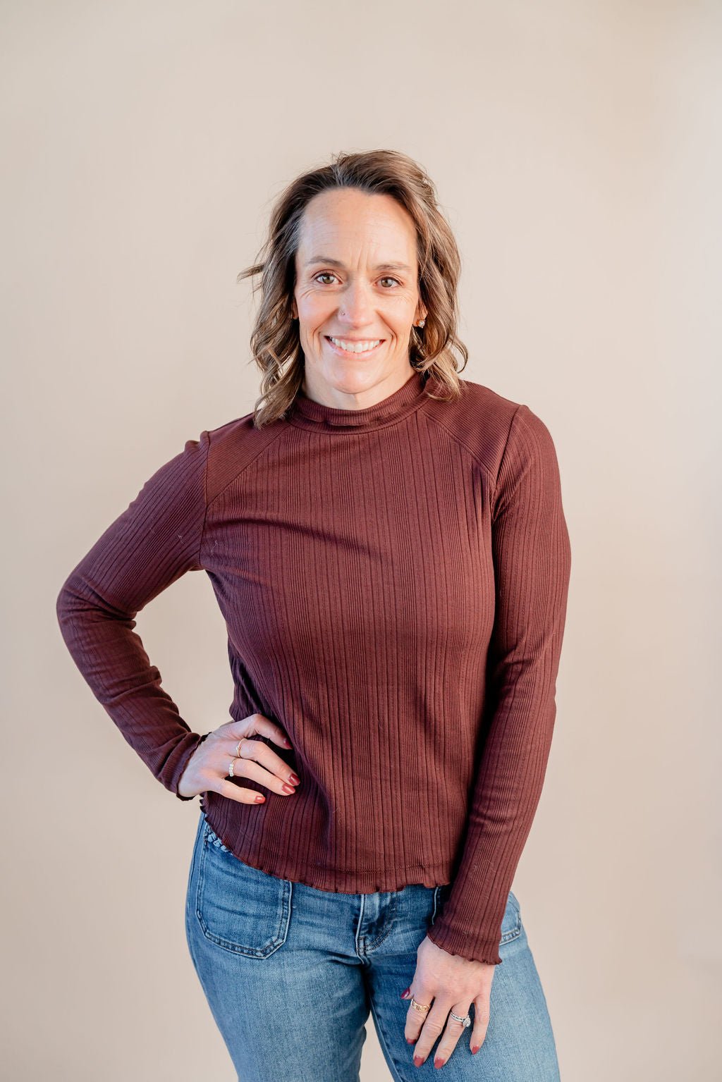 Mock Neck Mixed Media Knit Top W/ Lettuce Edge - Mainstream Boutique