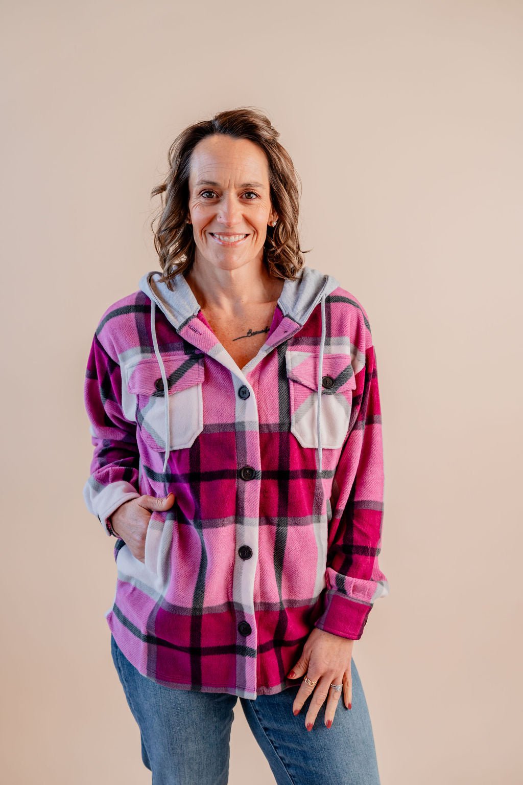 Plaid Hooded Fleece Shacket W/ Drawstrings - Mainstream Boutique