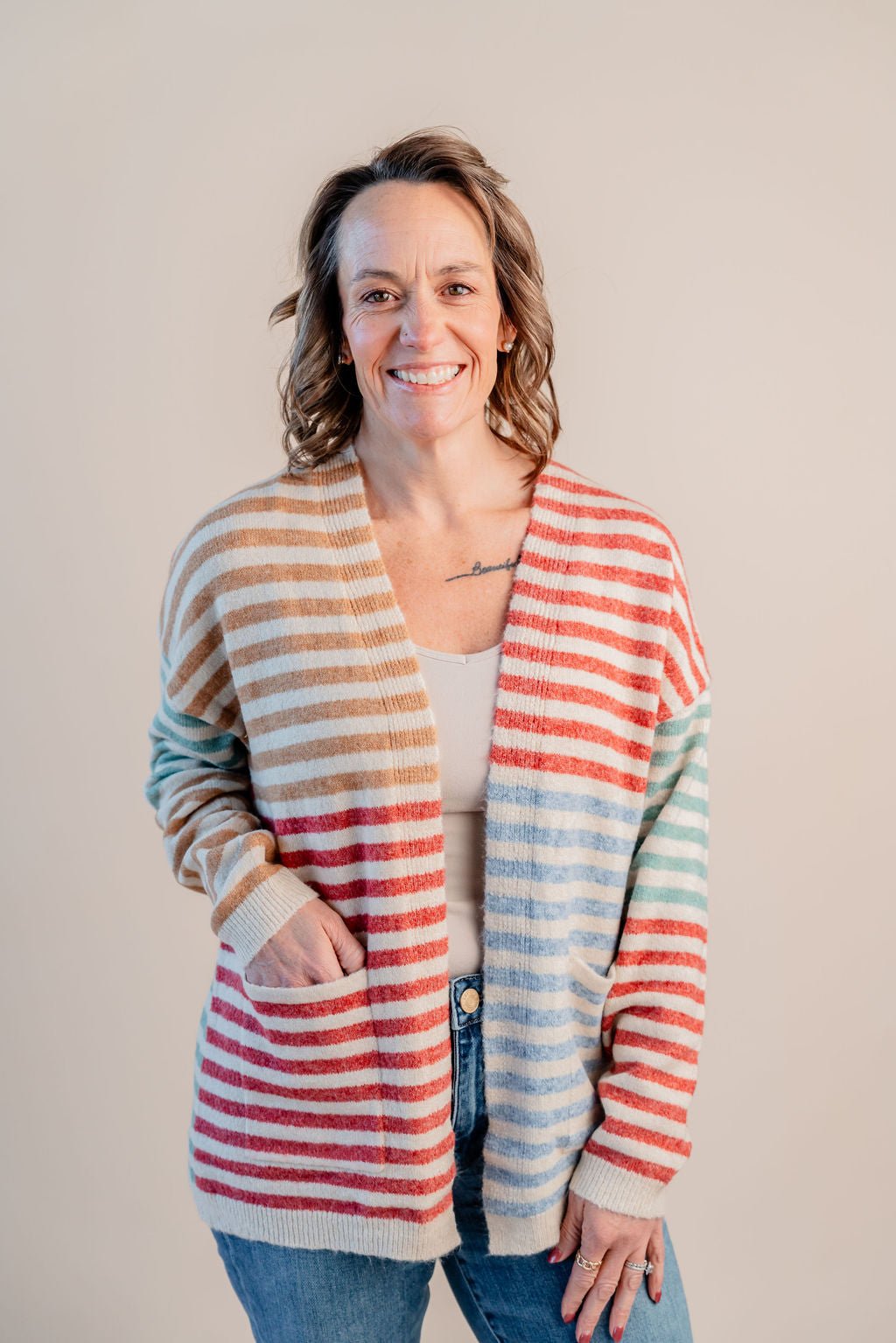 Multi Stripe Open Front Cardigan W/ Pockets - Mainstream Boutique