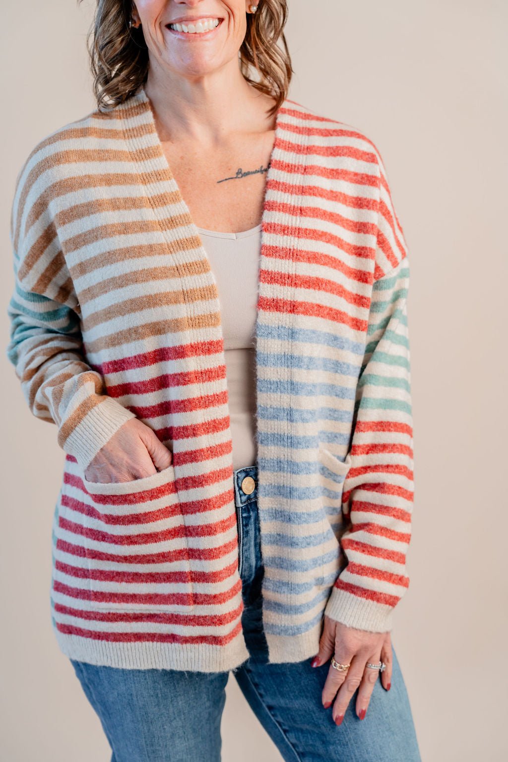 Multi Stripe Open Front Cardigan W/ Pockets - Mainstream Boutique