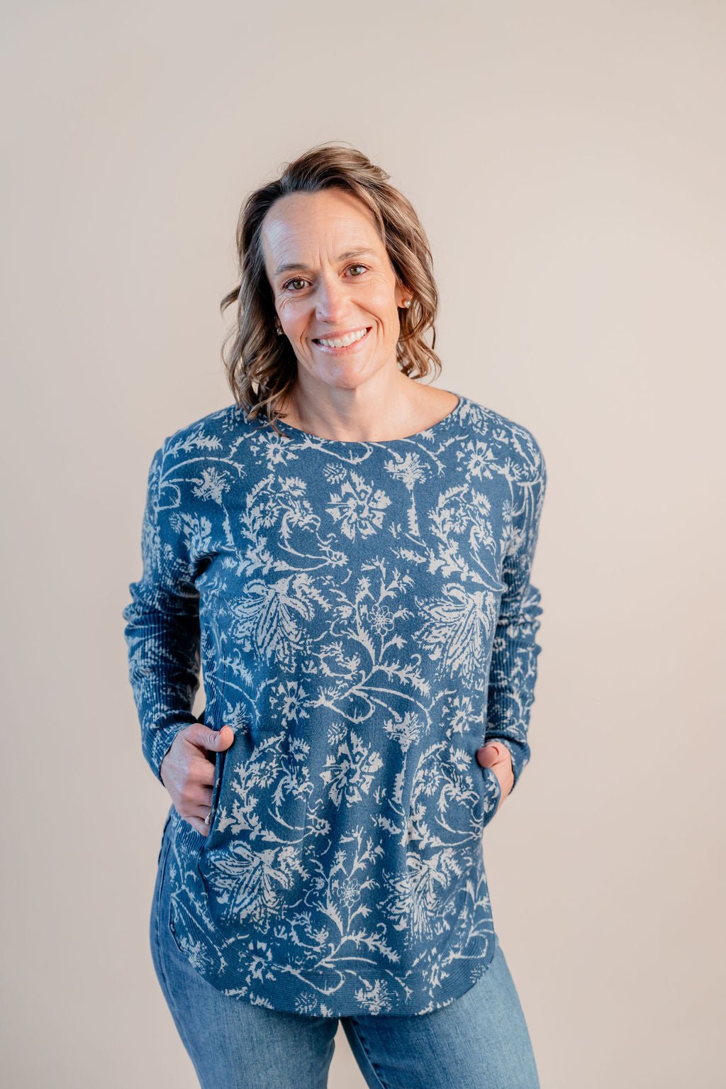 Printed Boat Neck Long Sleeve W/ Pockets - Mainstream Boutique