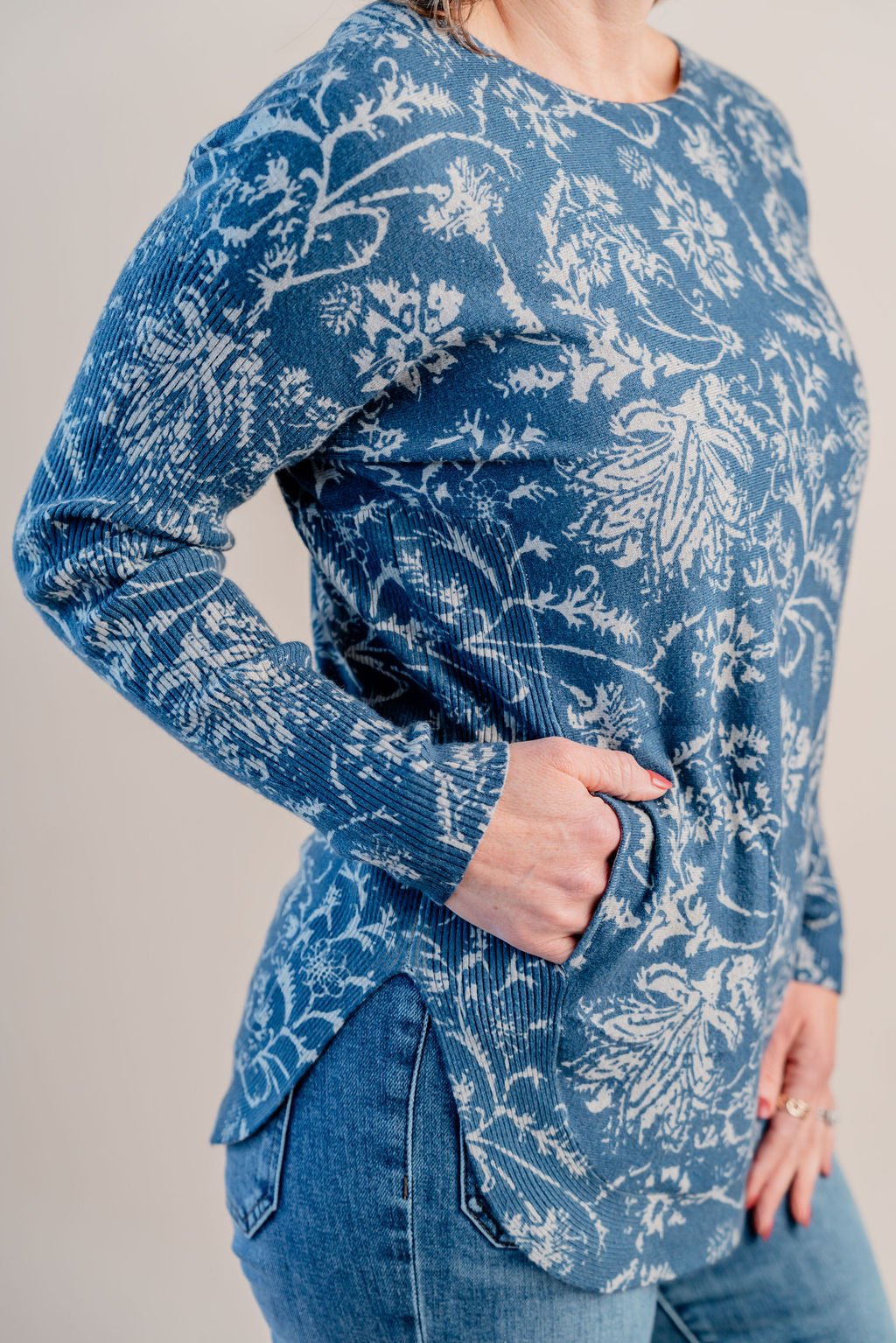 Printed Boat Neck Long Sleeve W/ Pockets - Mainstream Boutique