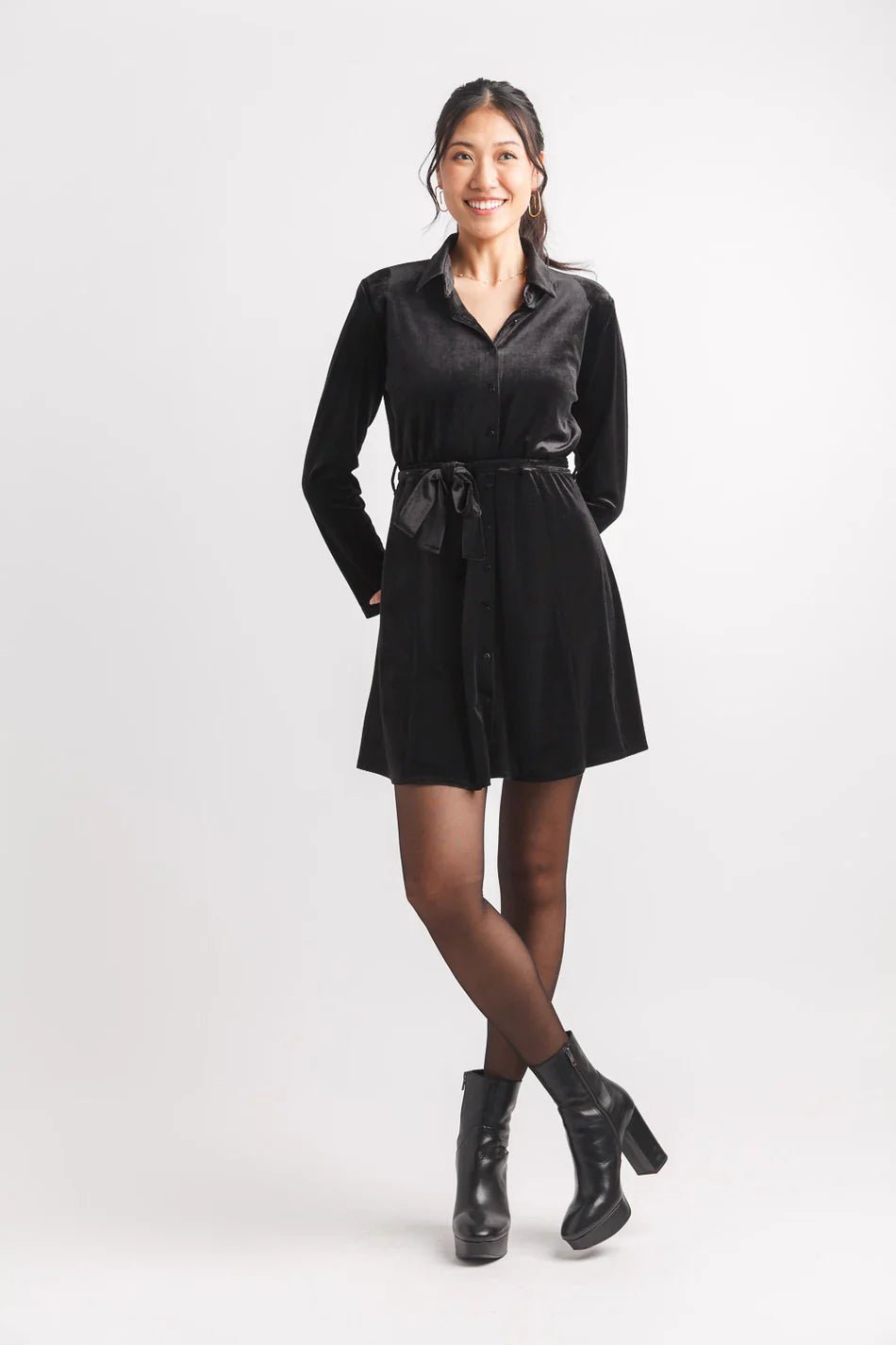 Velvet Shirt Dress With Tie Waist - Mainstream Boutique