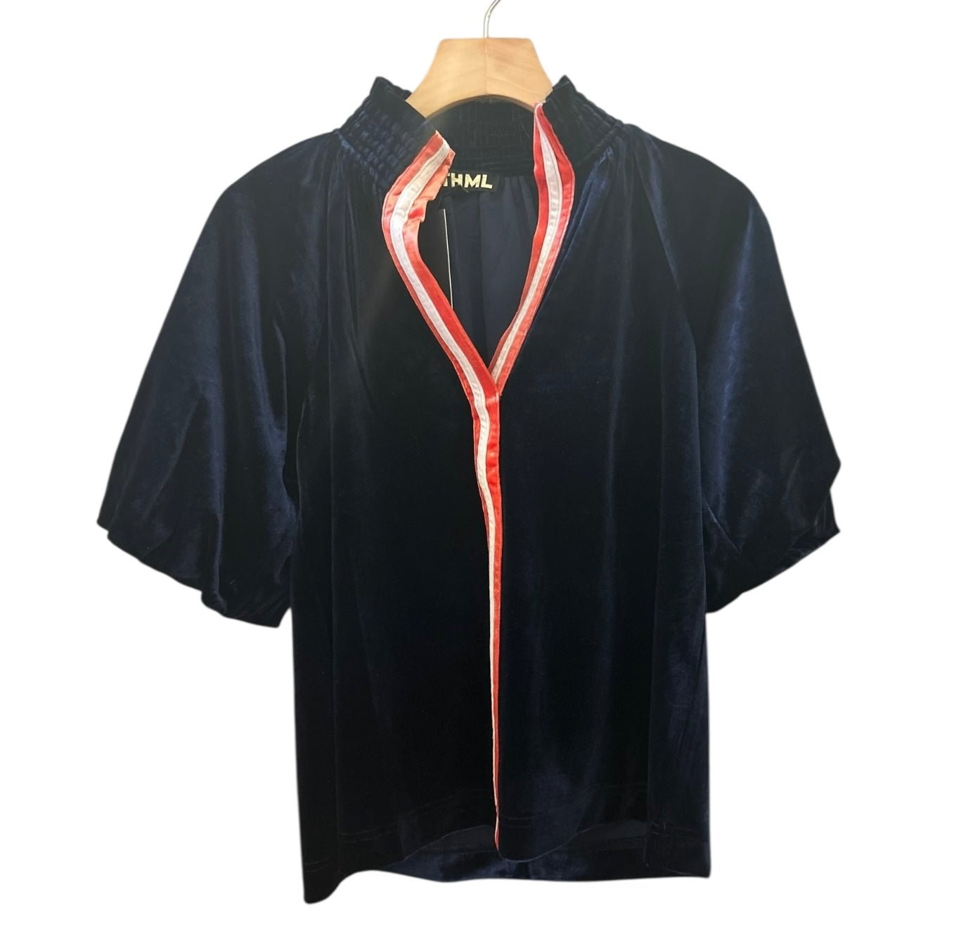 Navy Shirt with puff sleeves and Red and off white collar trim