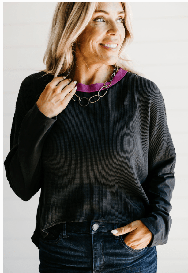 Contrast Neck Mixed Media Top - Mainstream Boutique