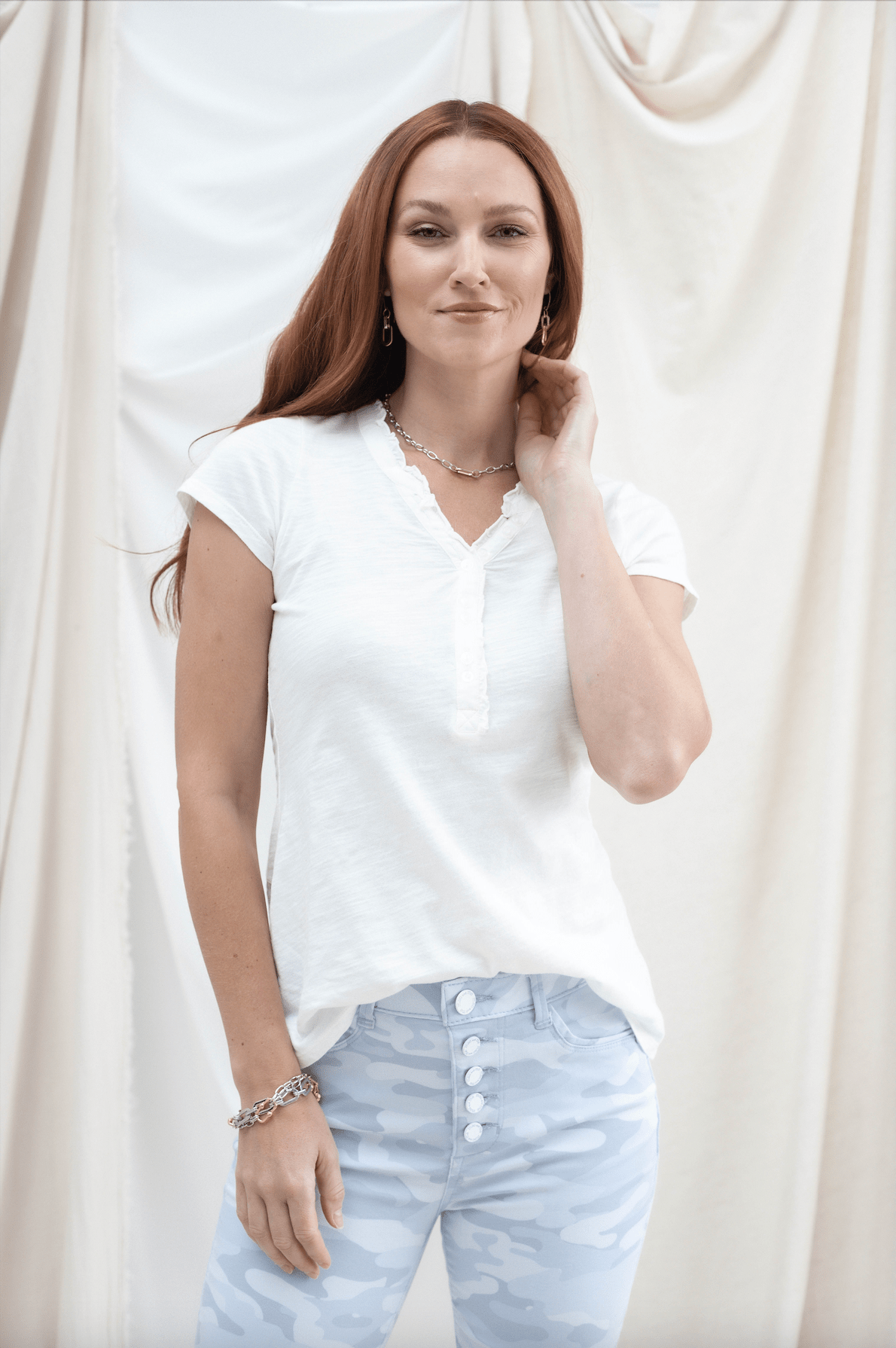 Button Detail V - Neck Top - White - Mainstream Boutique