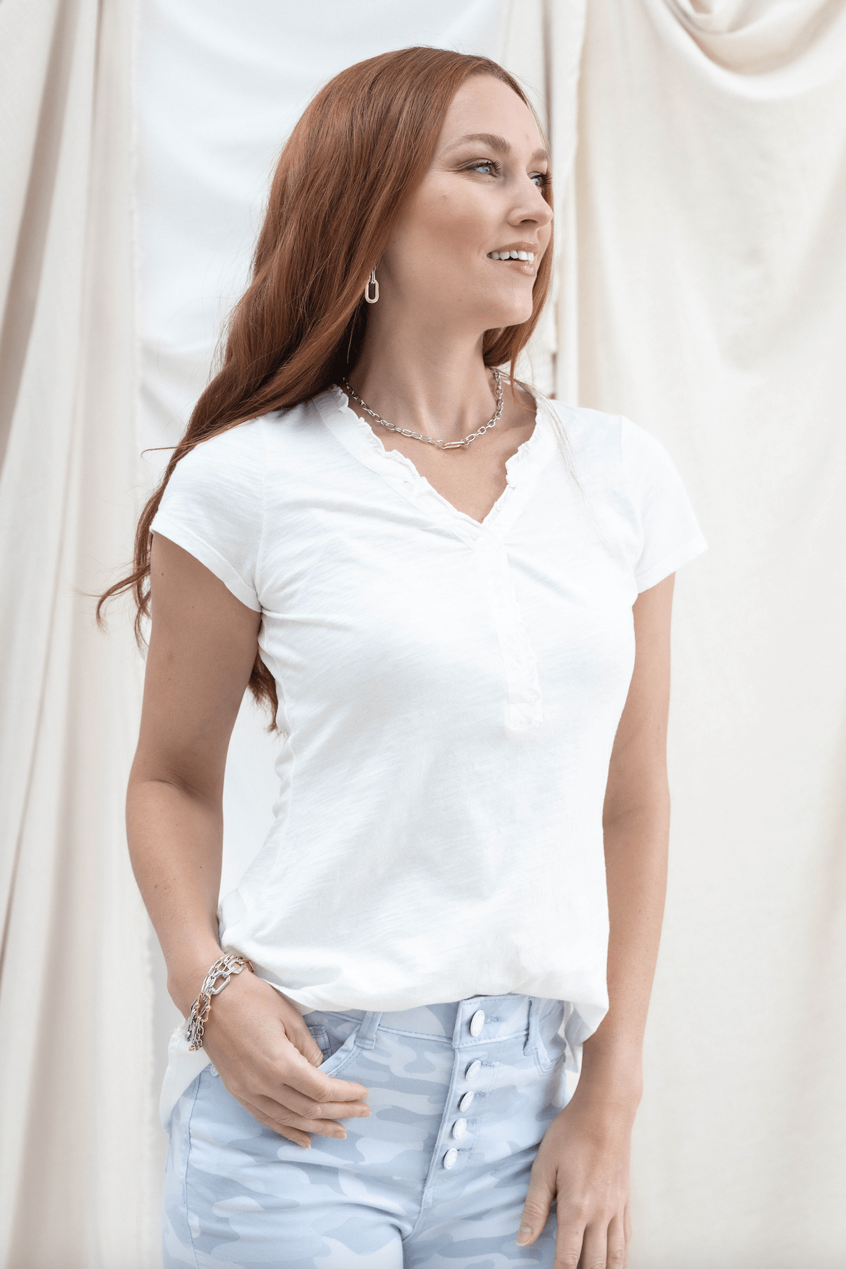Button Detail V - Neck Top - White - Mainstream Boutique