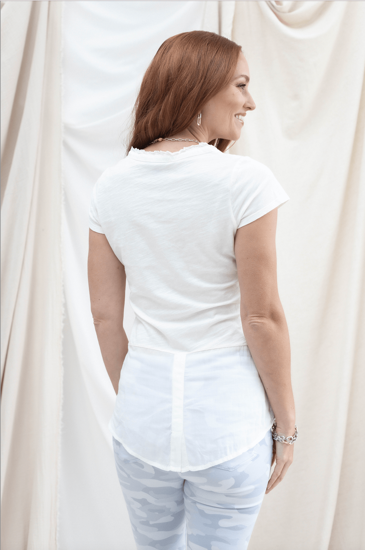 Button Detail V - Neck Top - White - Mainstream Boutique