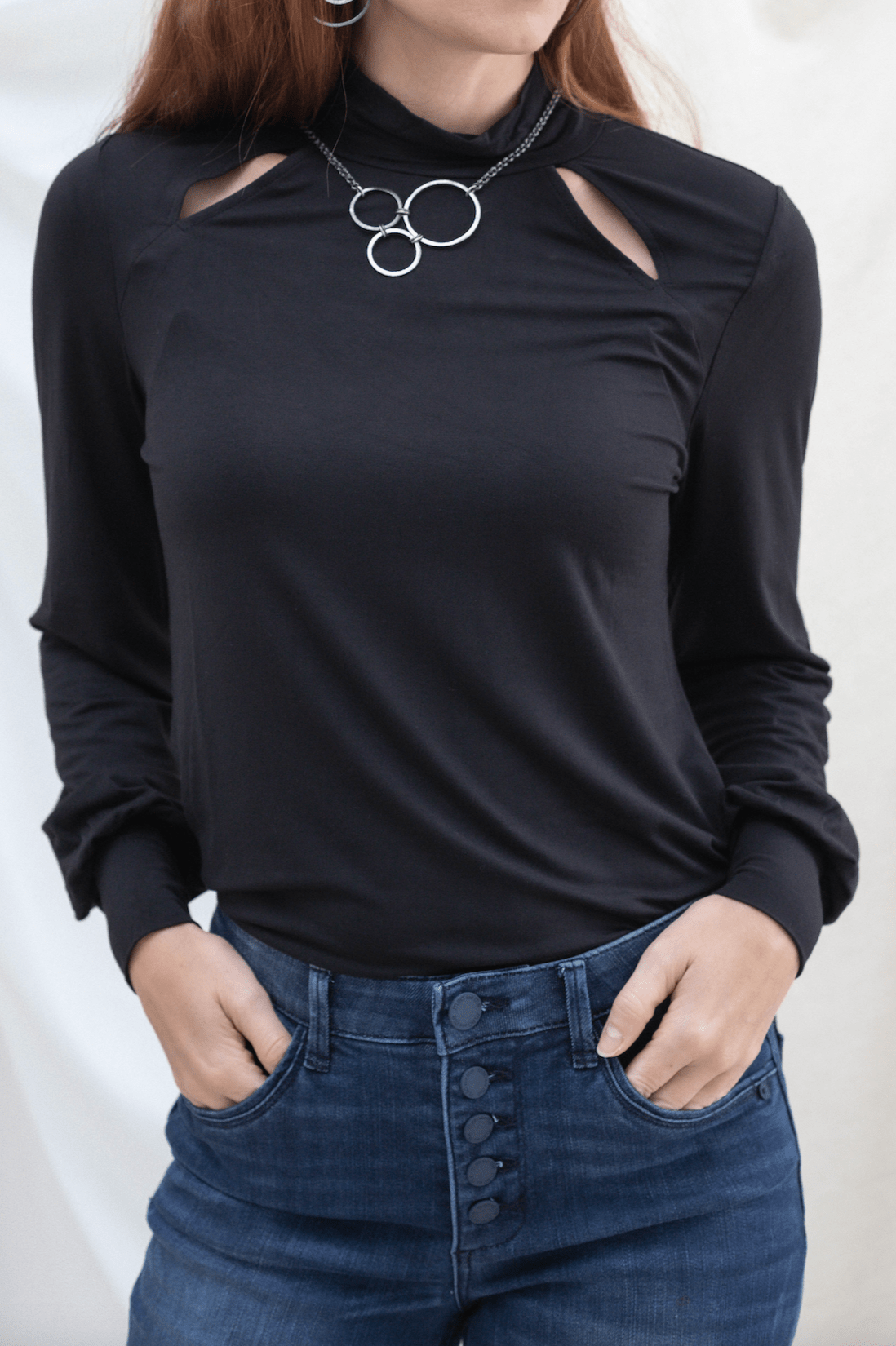 Cut Out Mock Neck Long Sleeve Top - Mainstream Boutique
