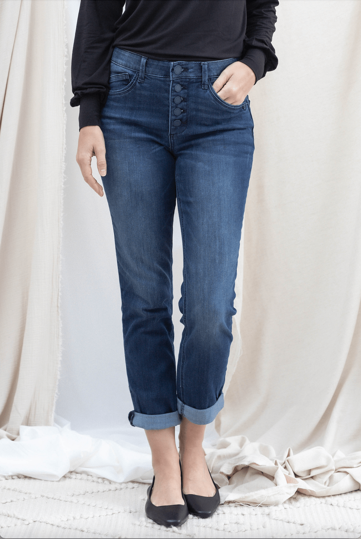 Button Fly Boyfriend W/ Roll Cuff Hem - Mainstream Boutique