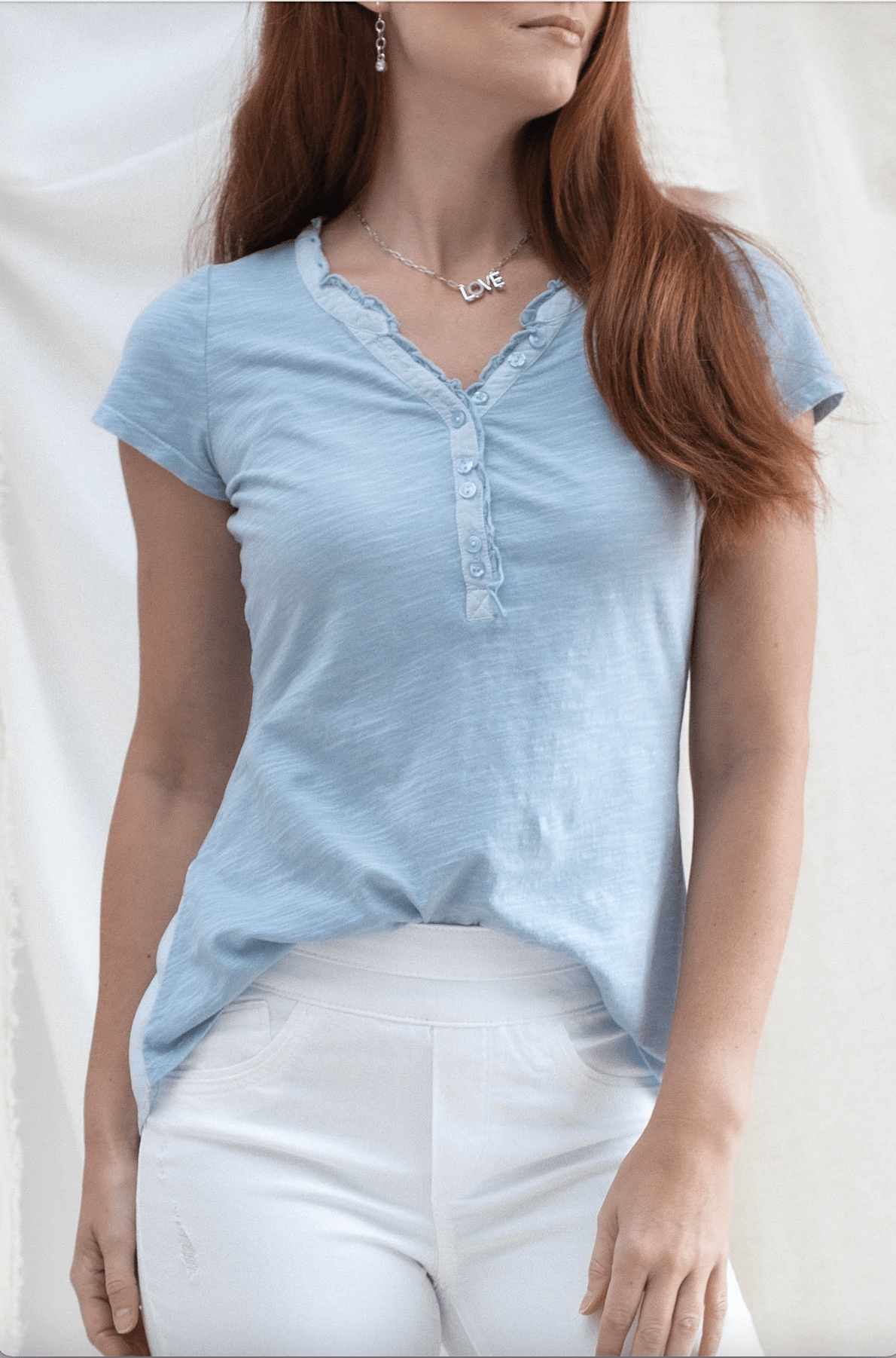 Button Detail V - Neck Top - Blue - Mainstream Boutique