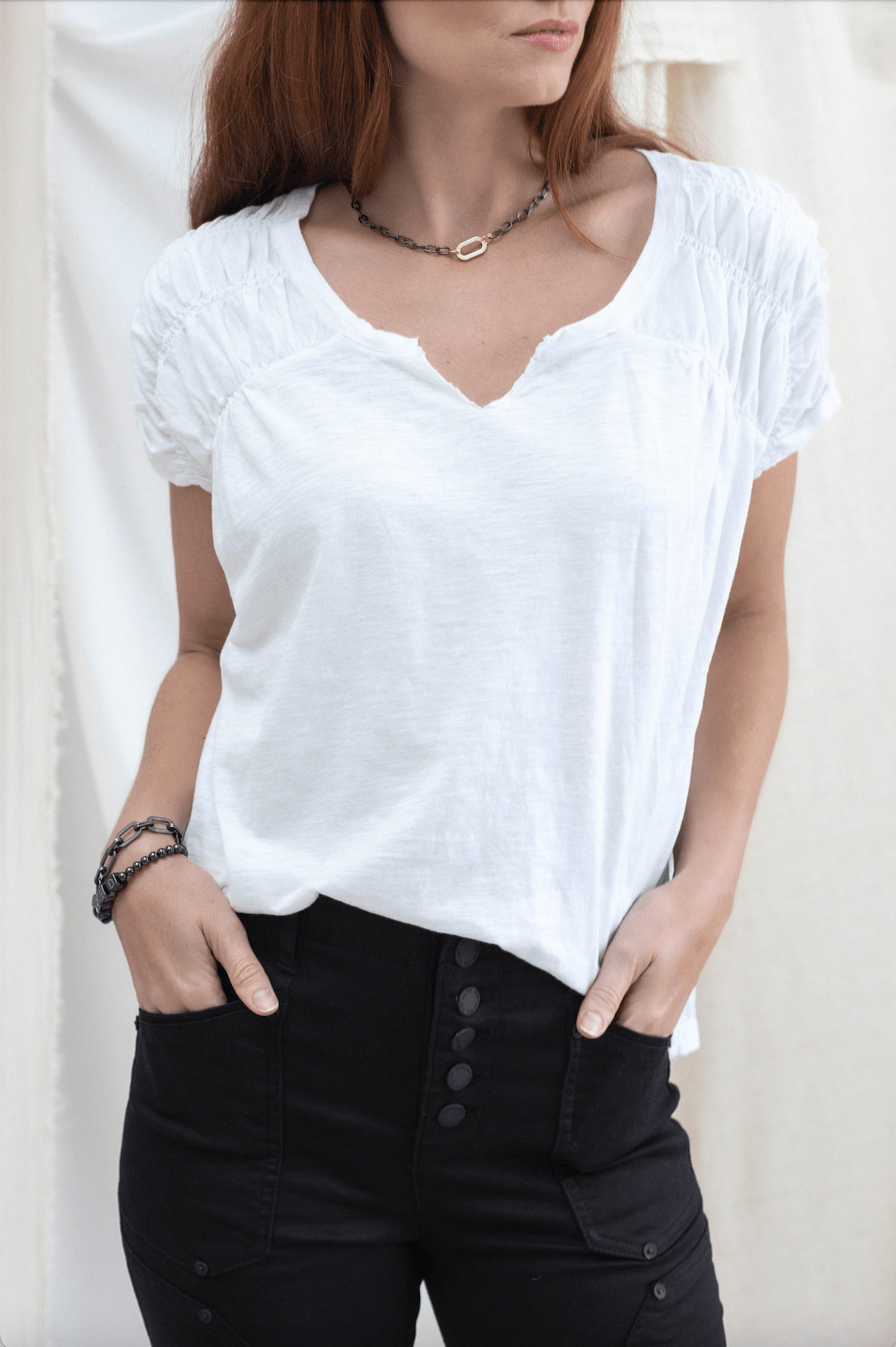 Ruched Notch Neck Short Sleeve - 2 Colors - Mainstream Boutique