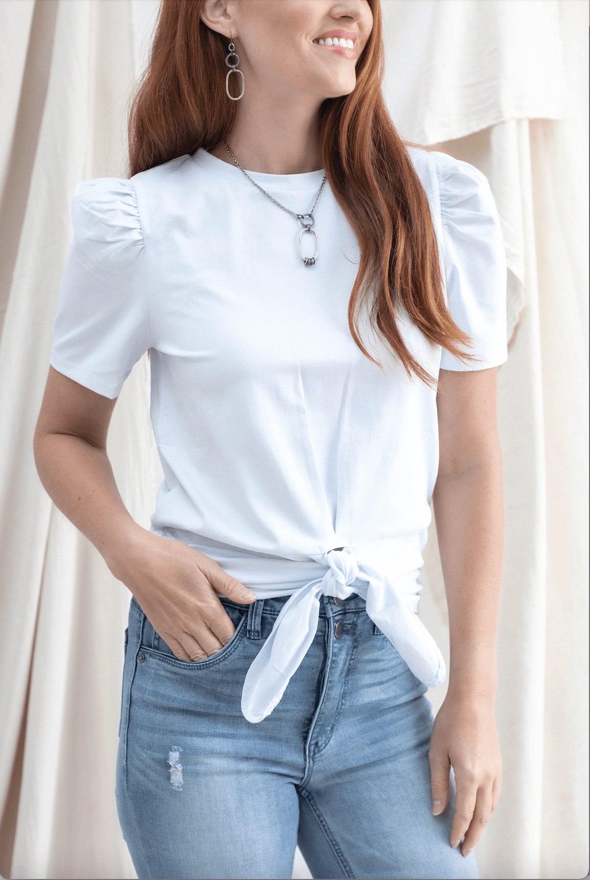 Tie Front Tee With Puff Sleeve - Mainstream Boutique