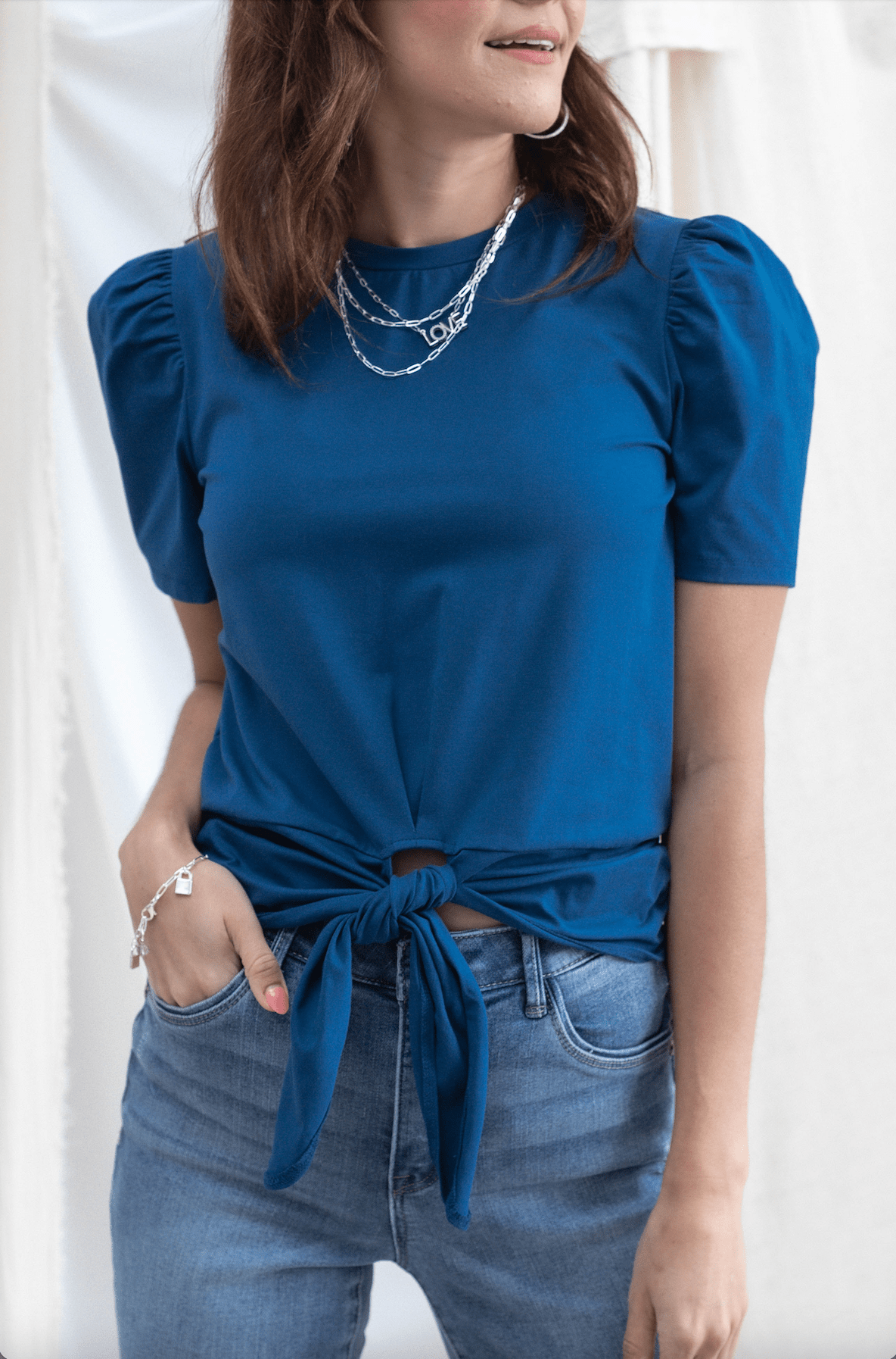 Tie Front Tee With Puff Sleeve - Mainstream Boutique