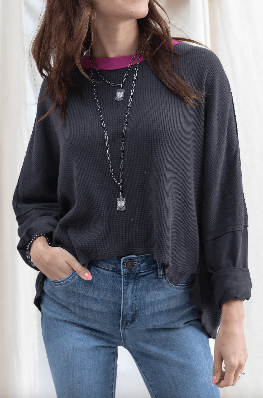Contrast Neck Mixed Media Top - Mainstream Boutique