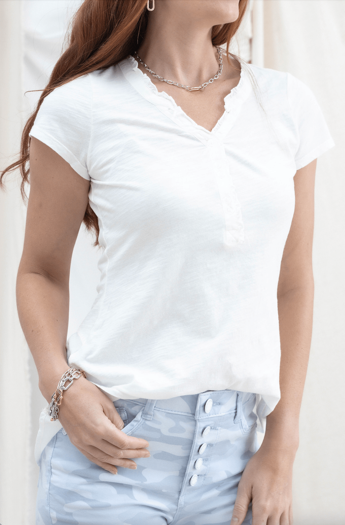 Button Detail V - Neck Top - White - Mainstream Boutique