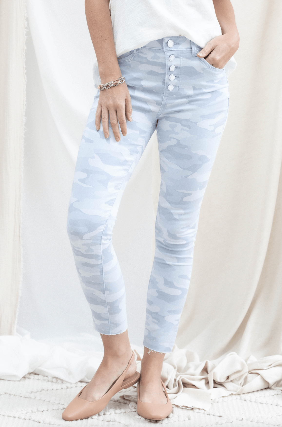 Camo Button Fly High Rise W/ Raw Hem - Mainstream Boutique