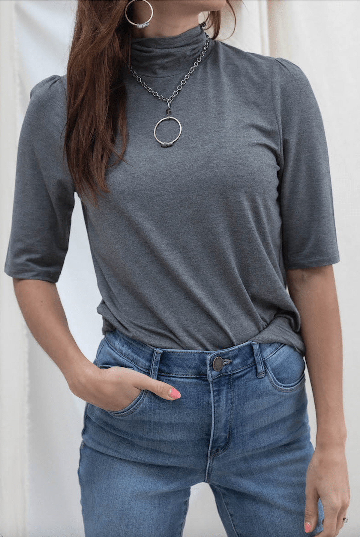 Mock Neck Elbow Sleeve Top - Charcoal - Mainstream Boutique