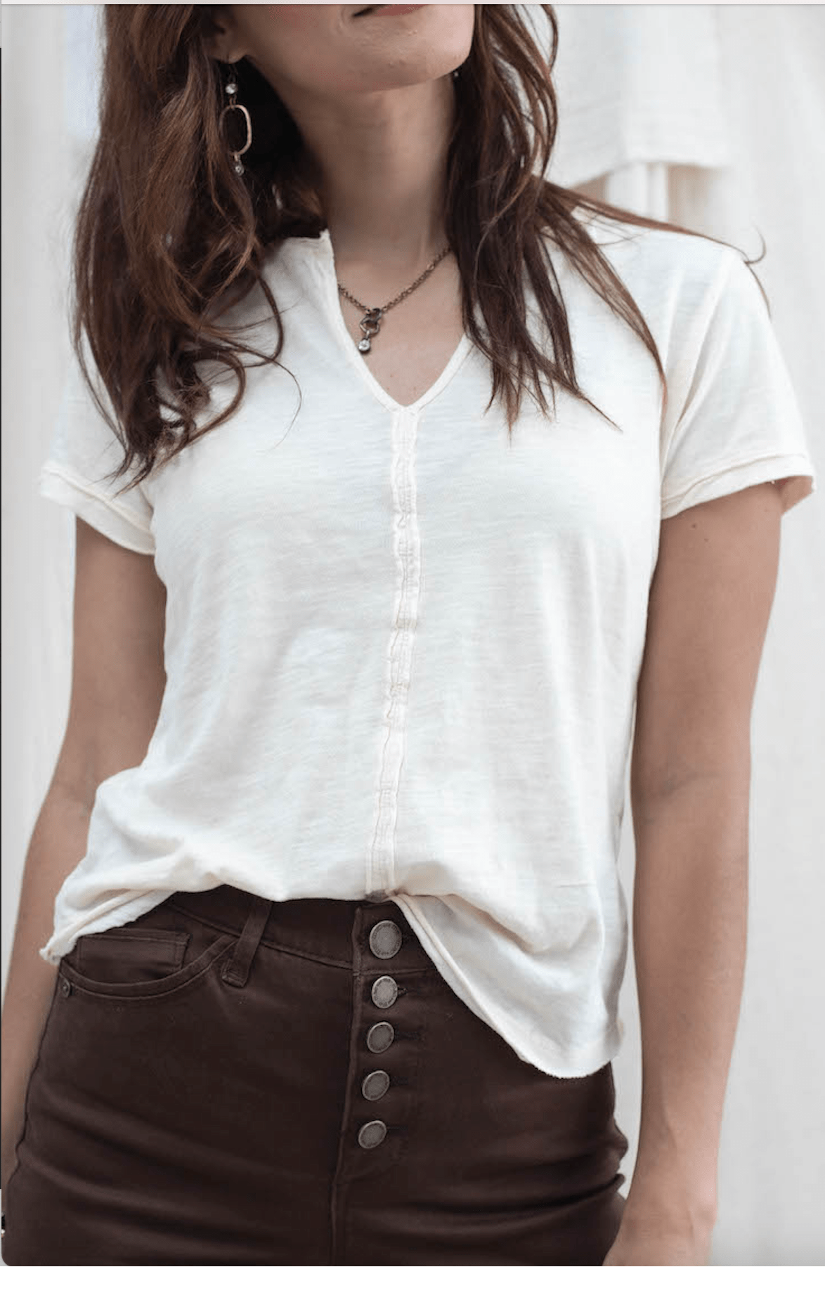 Placket Front V Neck Top - Cement - Mainstream Boutique