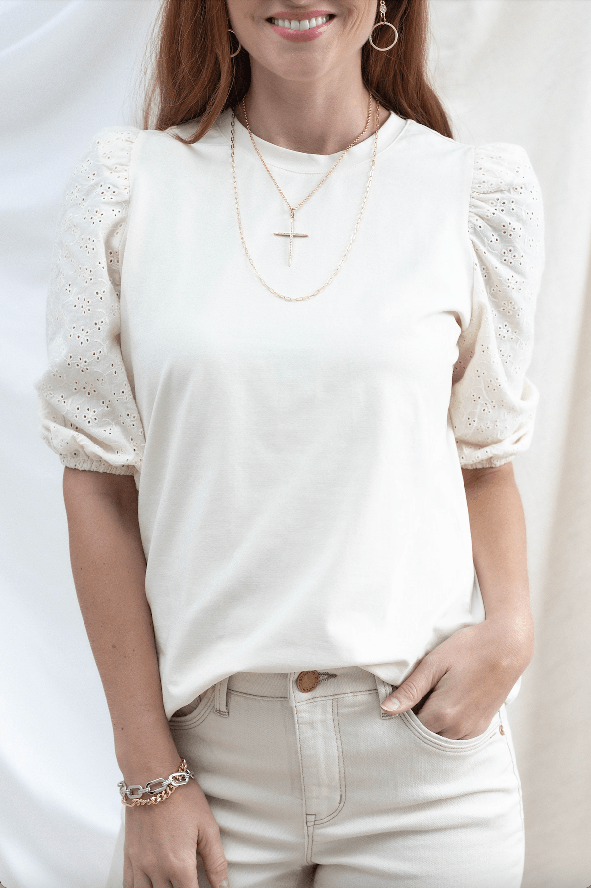 Eyelet Sleeve Top - 2 Colors - Mainstream Boutique