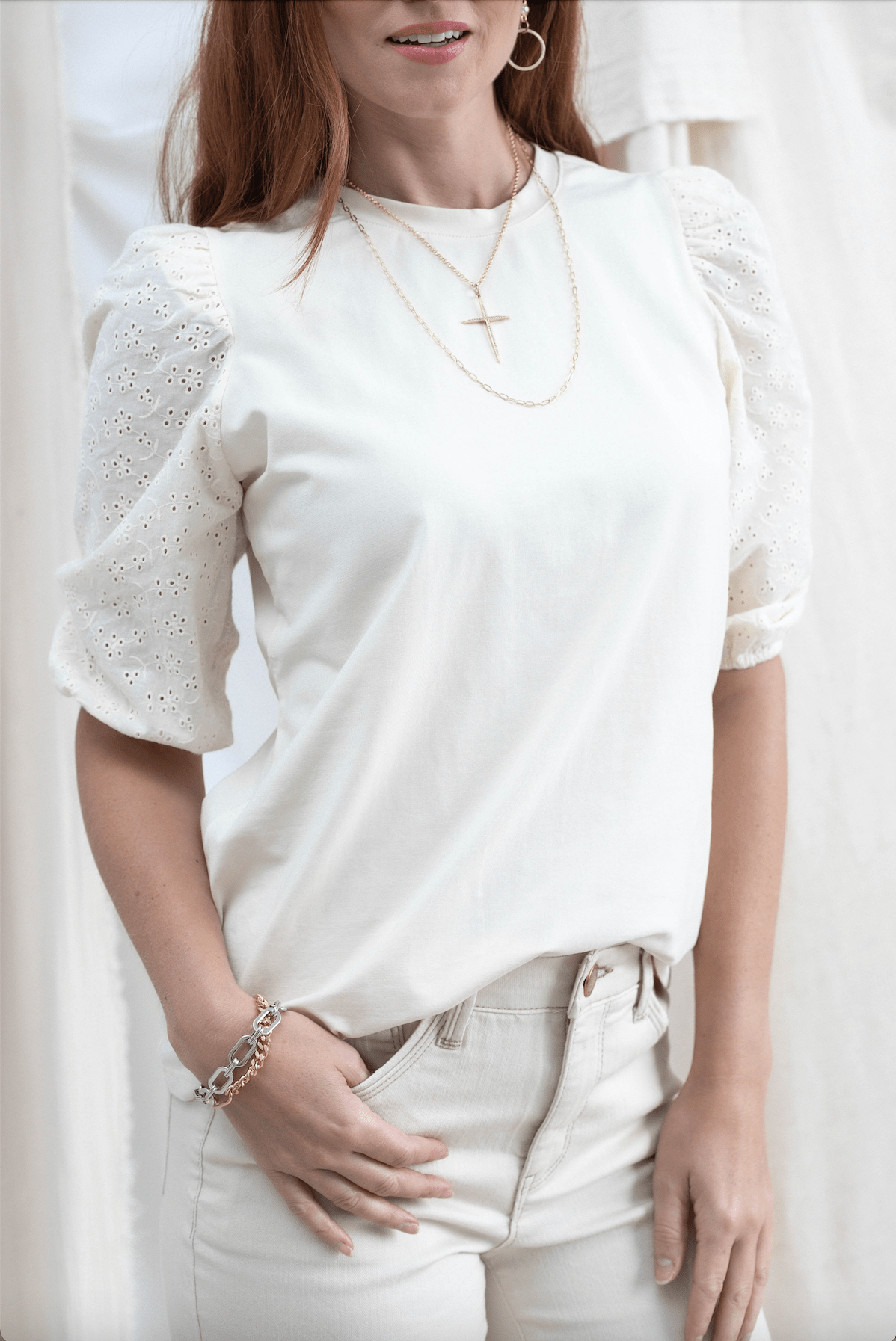 Eyelet Sleeve Top - 2 Colors - Mainstream Boutique