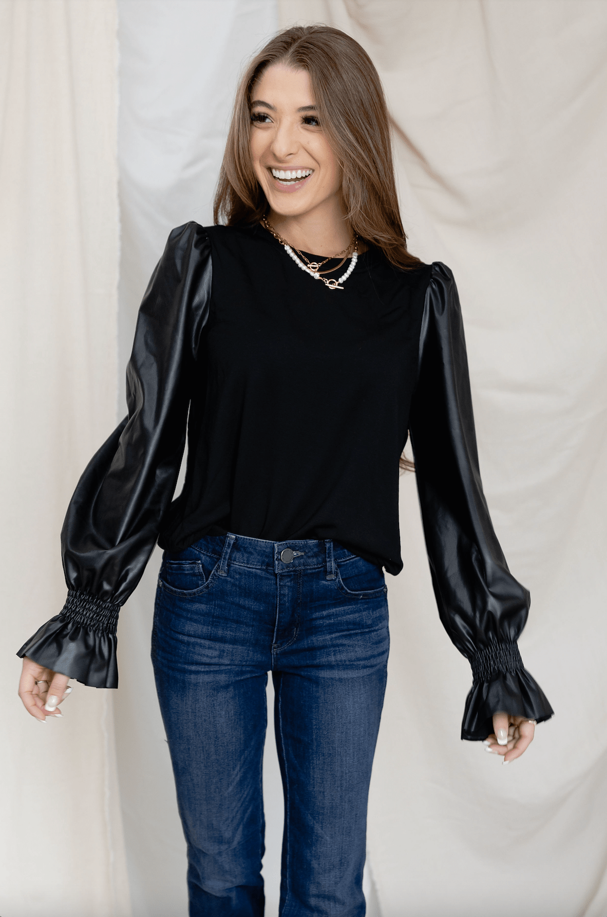 MM Pleather Sleeve Knit Top - Mainstream Boutique