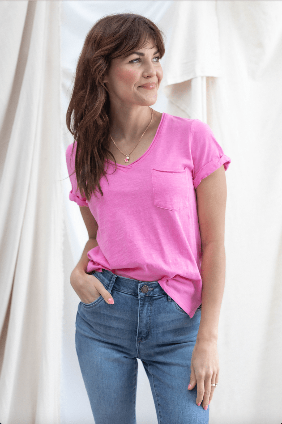 Roll Cuff Pocket Tee - Pink - Mainstream Boutique